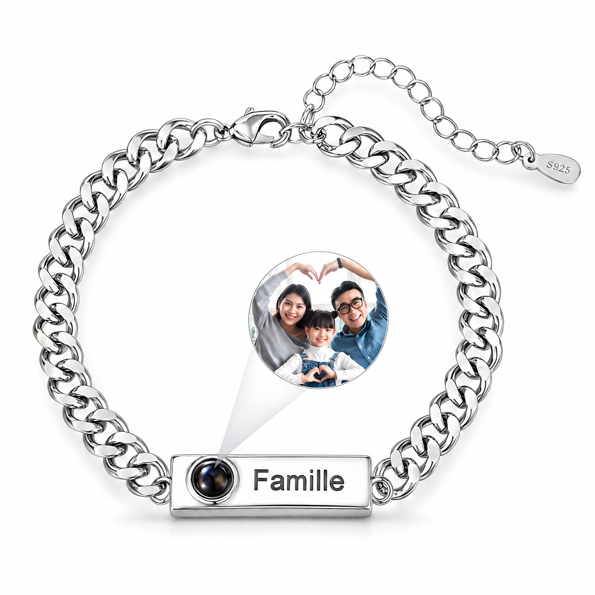 Bracelet photo personnalisé, gourmette à graver, en acier inoxydable — modèle Stey — Argent — packshot studio photo sous lentille