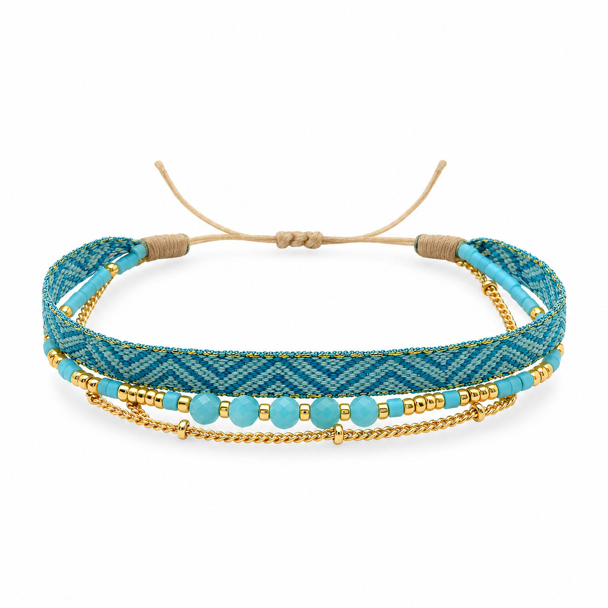 Packshot studio bracelet Bracelet multi-rangs en pierres naturelles et perles Miyuki, finition doree, modele Thaliane Amazonite, vue de face sur fond blanc — 9 octobre 2026