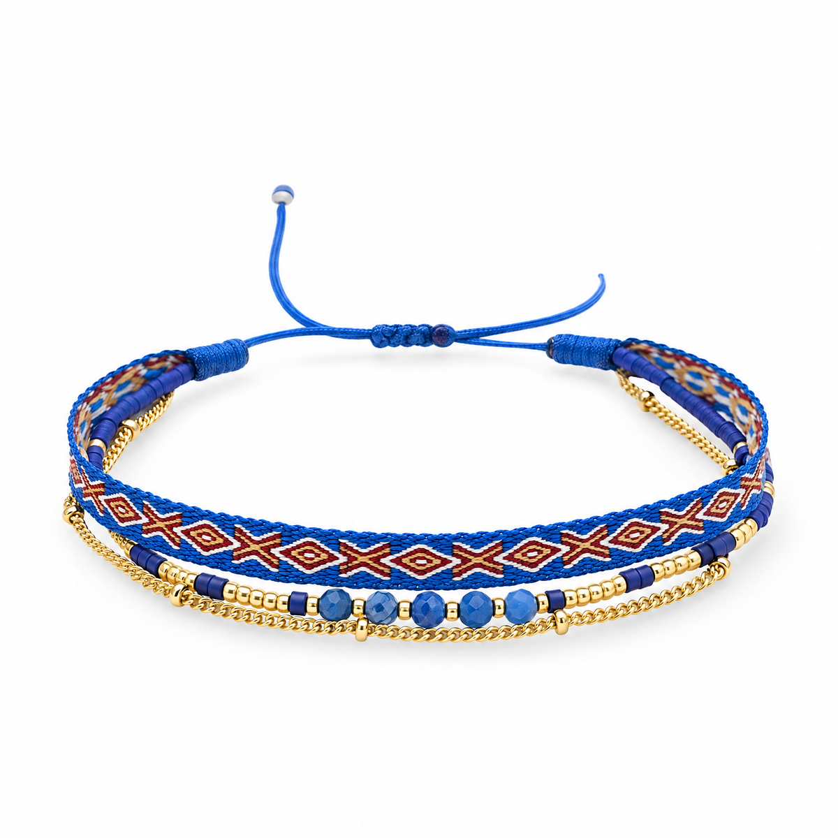 Packshot studio bracelet Bracelet multi-rangs en pierres naturelles et perles Miyuki, finition doree, modele Thaliane Lapis Lazuli, vue de face sur fond blanc — 9 octobre 2026