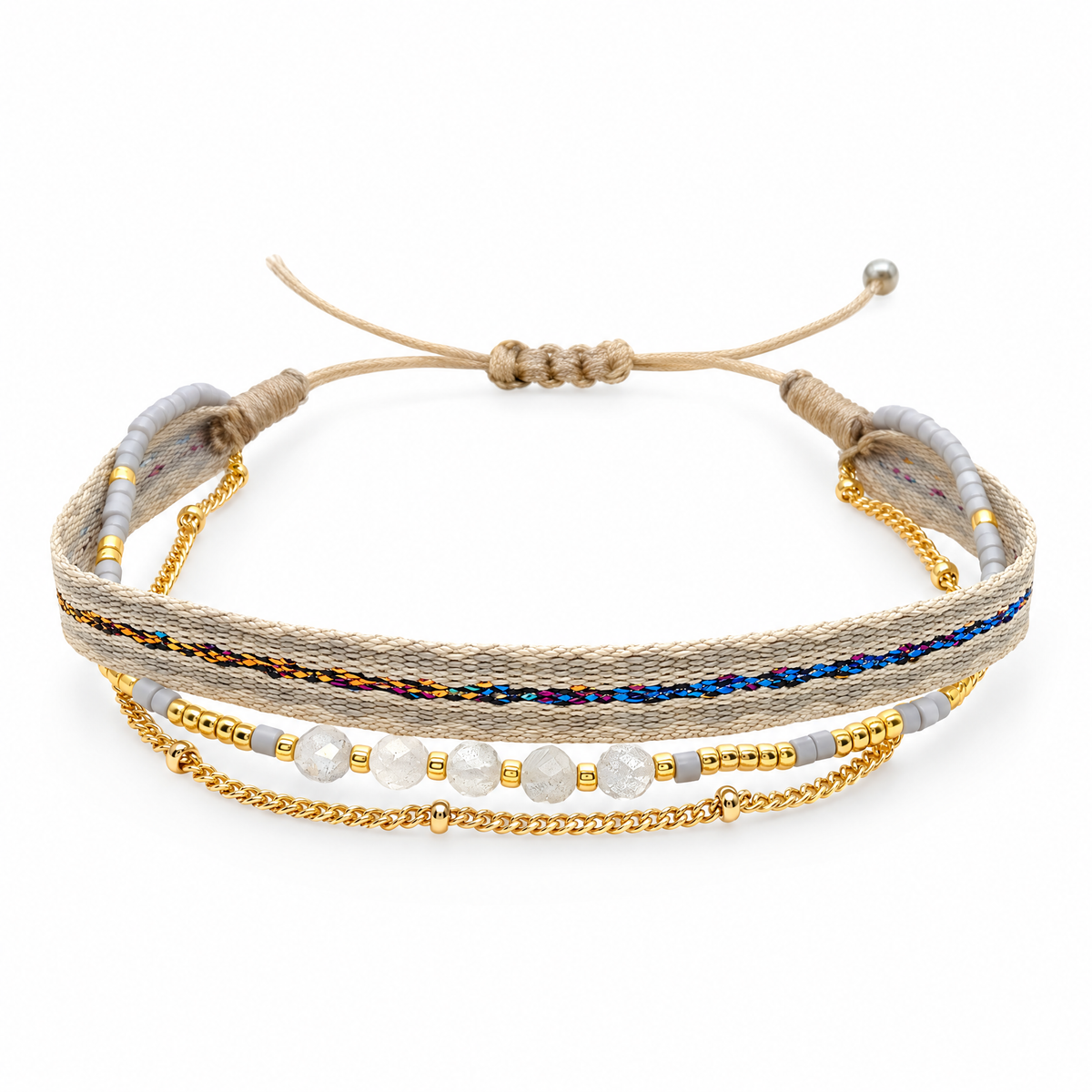 Packshot studio bracelet Bracelet multi-rangs en pierres naturelles et perles Miyuki, finition doree, modele Thaliane Pierre de lune, vue de face sur fond blanc — 9 octobre 2026