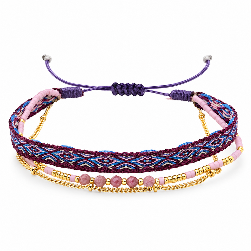 Packshot studio bracelet Bracelet multi-rangs en pierres naturelles et perles Miyuki, finition doree, modele Thaliane Tourmaline rose, vue de face sur fond blanc — 9 octobre 2026