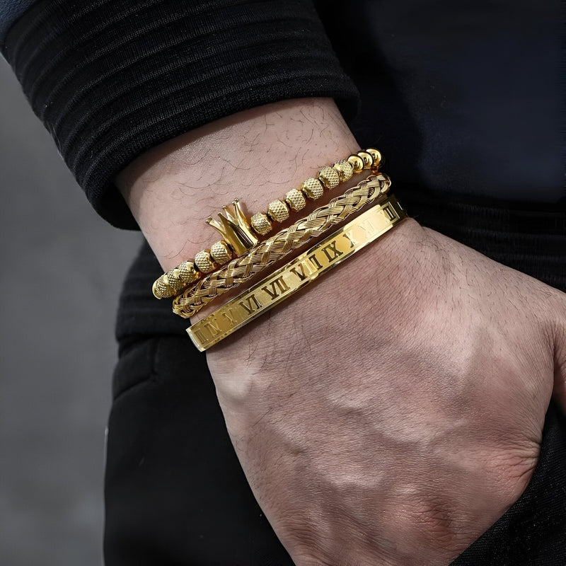Trio de pulseras de acero inoxidable, para hombre, corona, modelo Benito