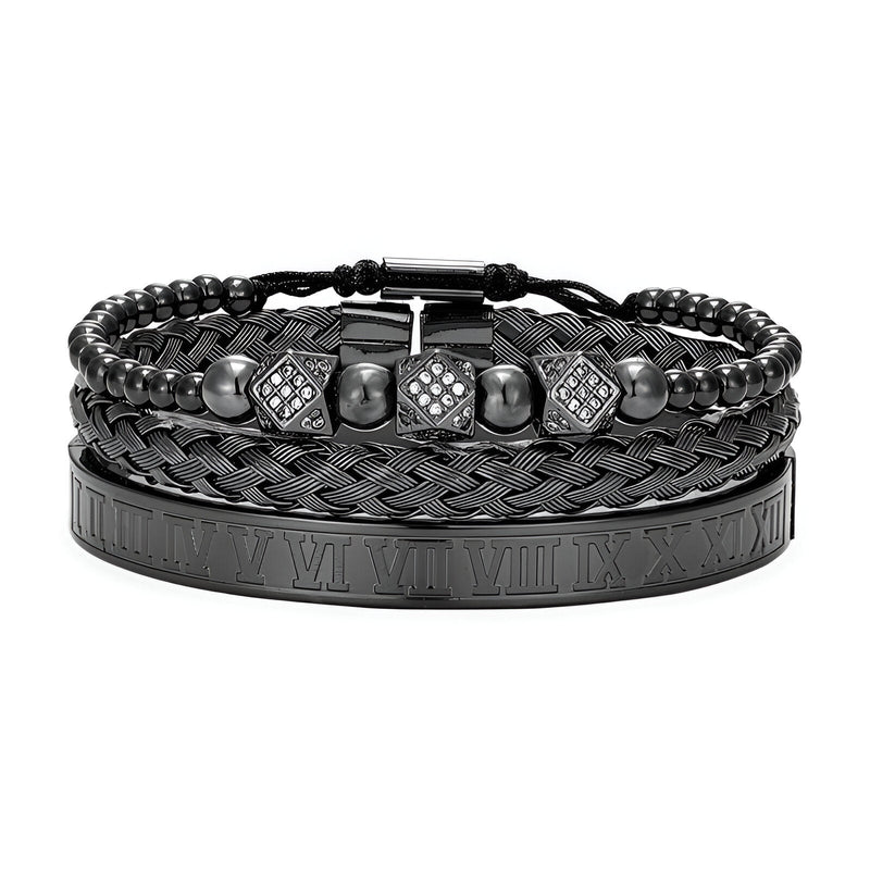 Trio de bracelets noirs en acier inoxydable, tressés et lisses avec chiffres romains gravés et détails carrés décoratifs.