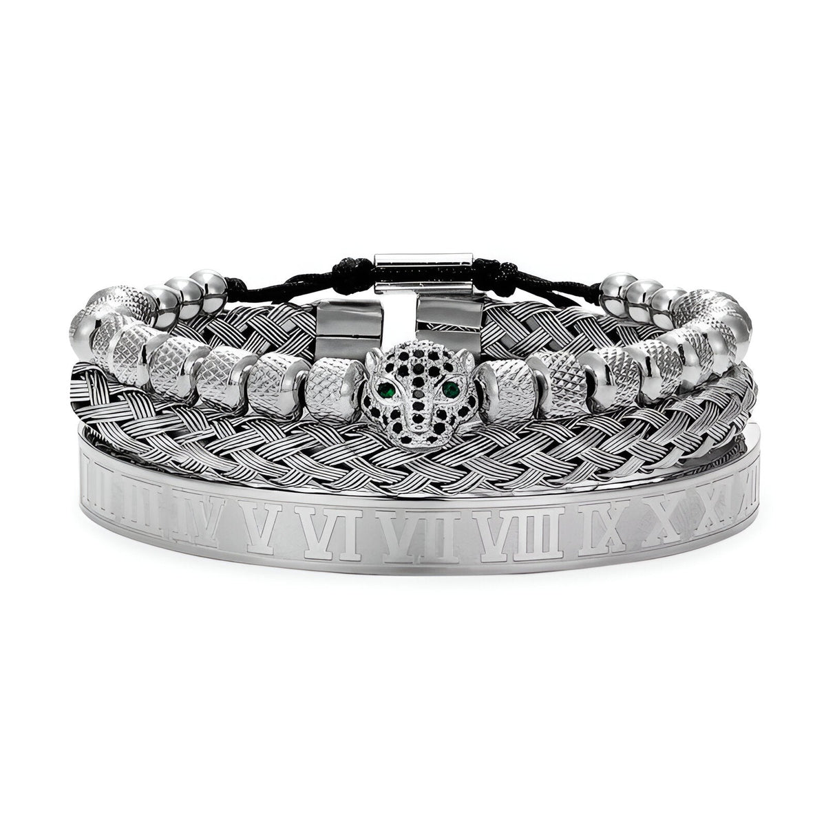 Trio de bracelets en acier inoxydable argenté, avec tête de léopard et bracelet à maillons tressés.