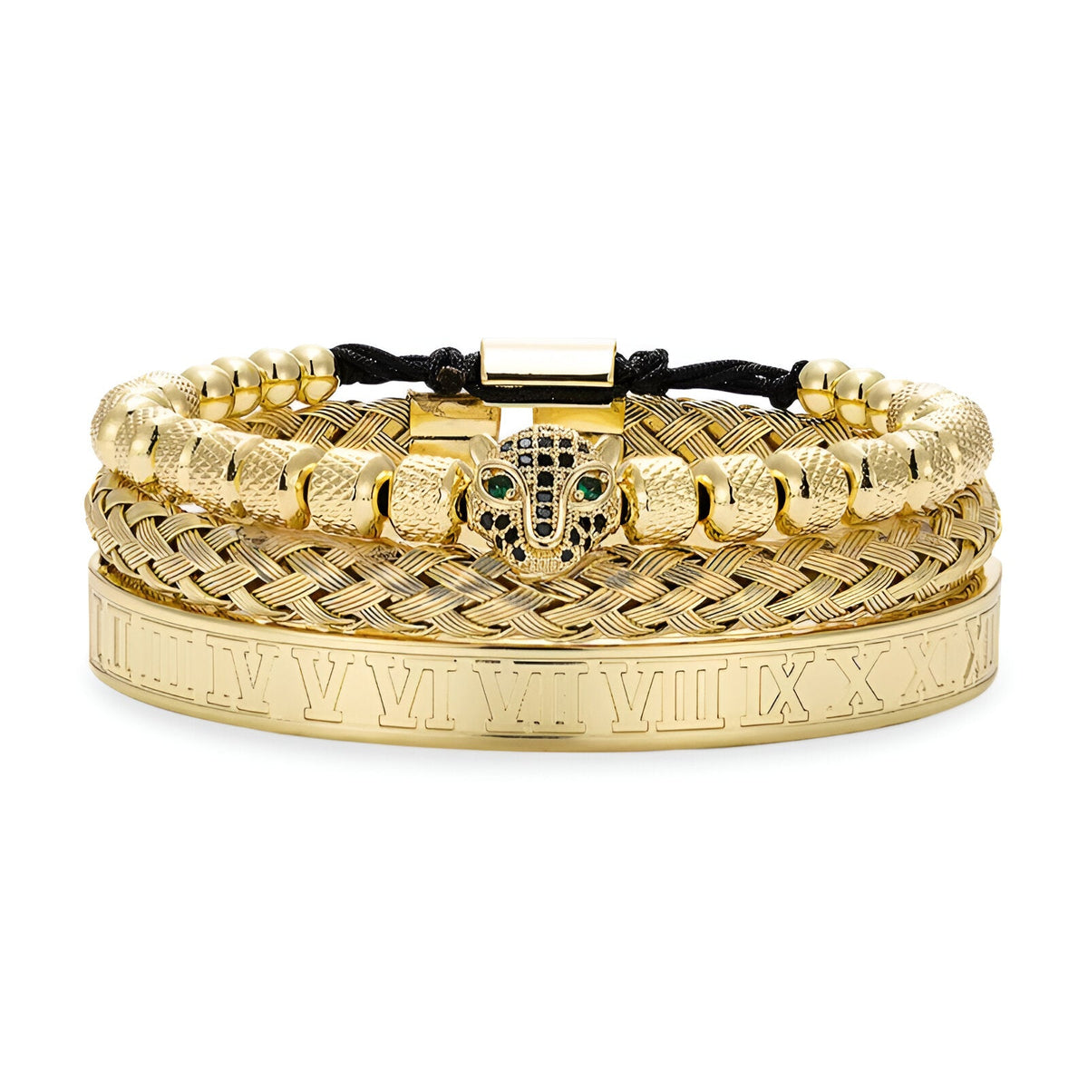 Trio de bracelets en acier inoxydable or avec tête de léopard ornée de détails noirs et verts.