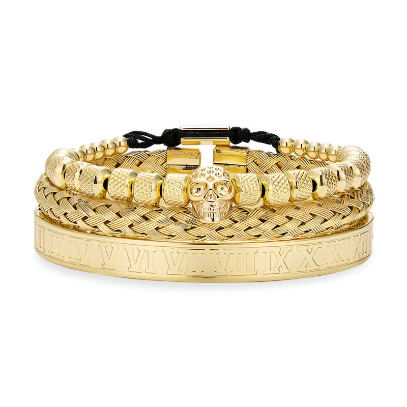 Trio de bracelets homme en acier inoxydable doré, maître skull central, tressé et rigide gravé.
