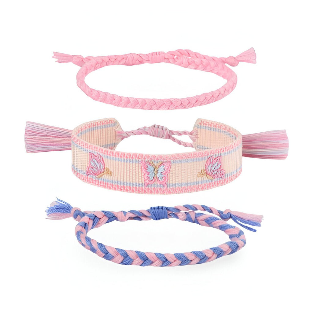 Trio de bracelets en coton tissé rose et bleu, papillons brodés, style mixte avec pompons et tresse simple.