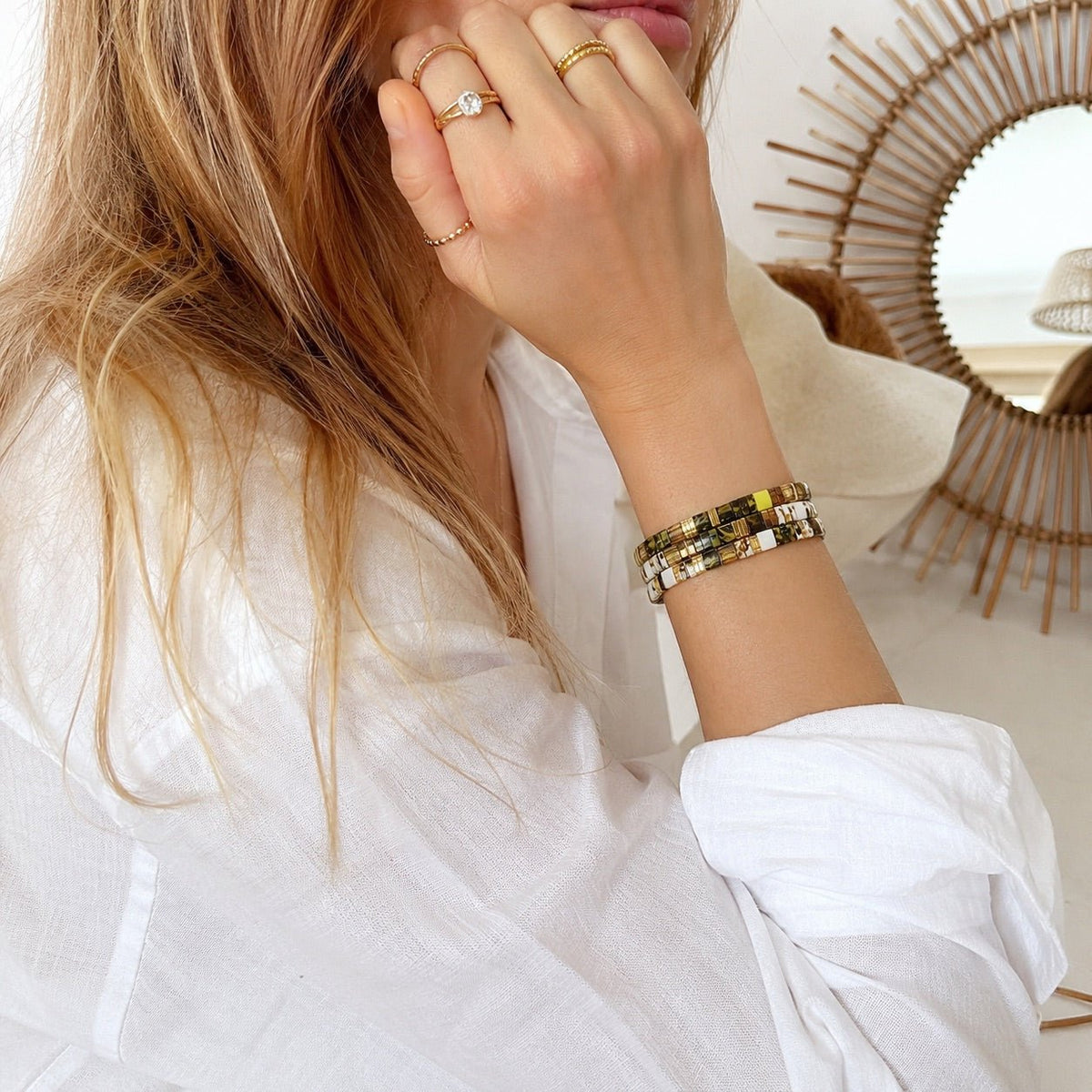 Trio de Bracelets en perles du Japon Miyuki kaki et blanc marbré, parure pour femme, bijoux de poignet élastiques, lot de trois pièces, accessoires tendance, modèle Masata