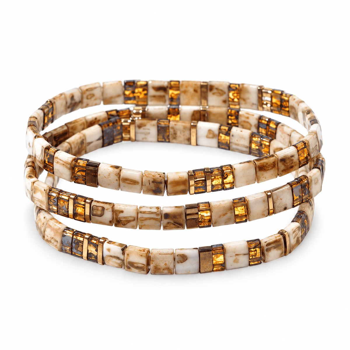 Trio de bracelets Tsugumi Blanc et camel — V6 validée, trois bandes frontales studio