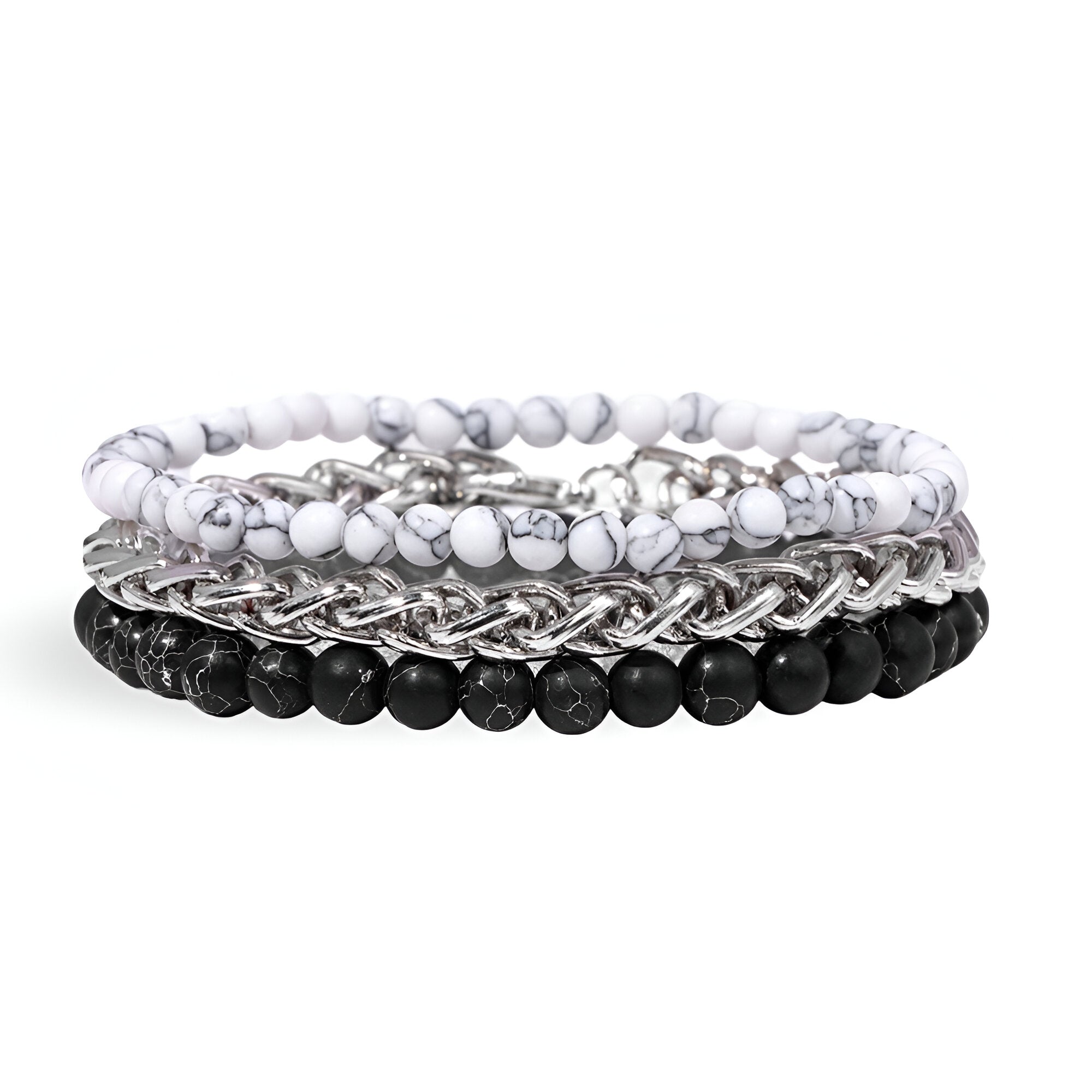 Trio de bracelets homme en quartz blanc marbré, acier tressé argenté et pierre volcanique noire mate.