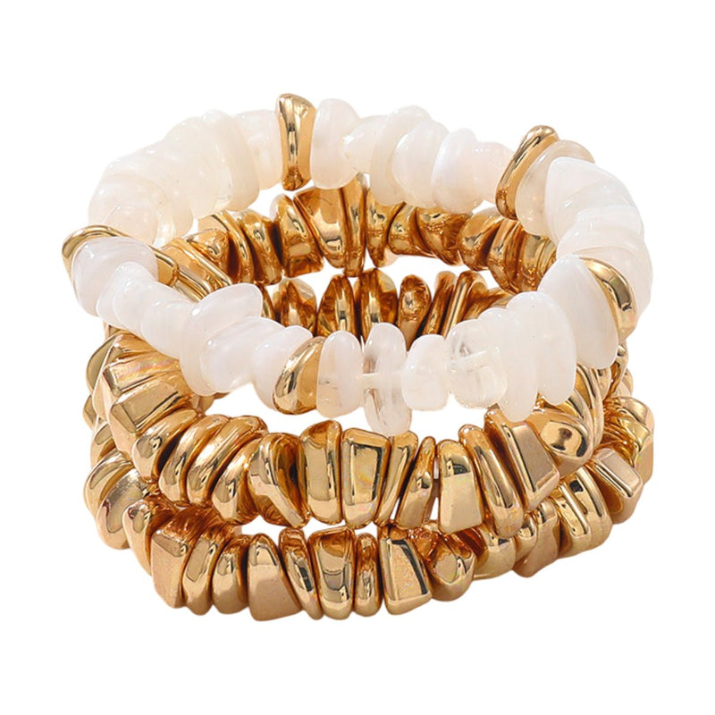 Trio de bracelets dorés et blancs, éclat brillant, design texturé et irrégulier, modèle Anaise.