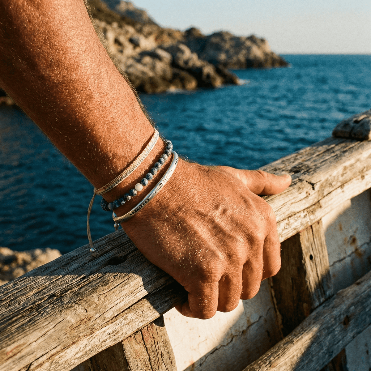 Trio of Tibetan good luck bracelets, in agate and silver, for men, Elliot model