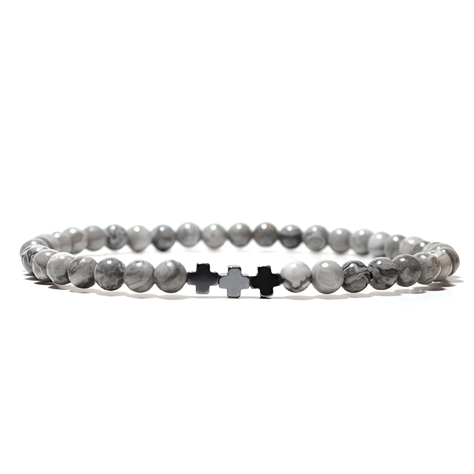 Trio de bracelets tibétains gris en jaspe avec croix en argent pour homme.