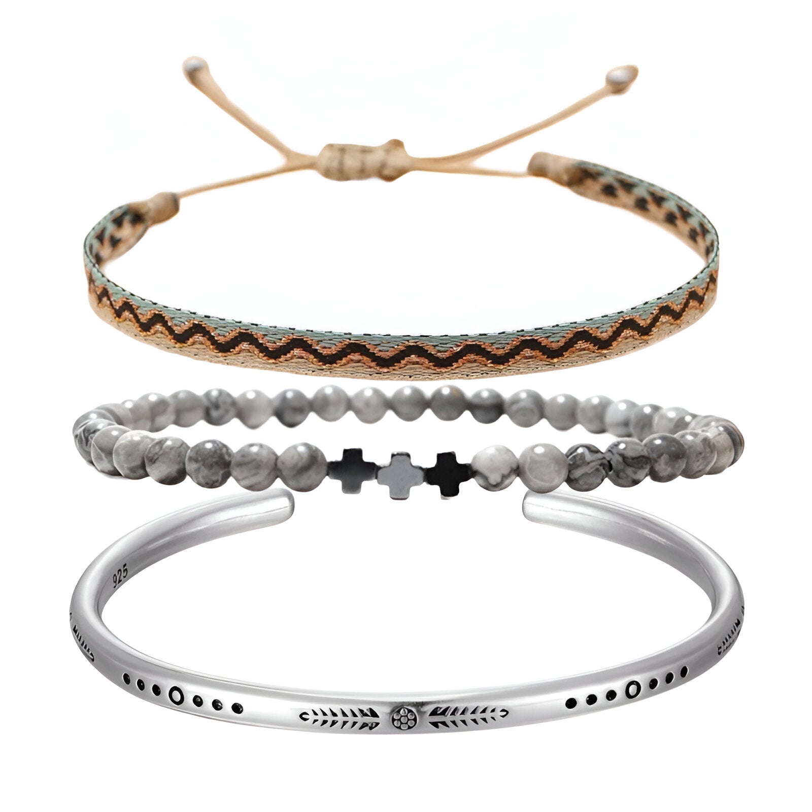 Trio de bracelets homme gris en jaspe, argent mat, avec perles et détails ethniques.