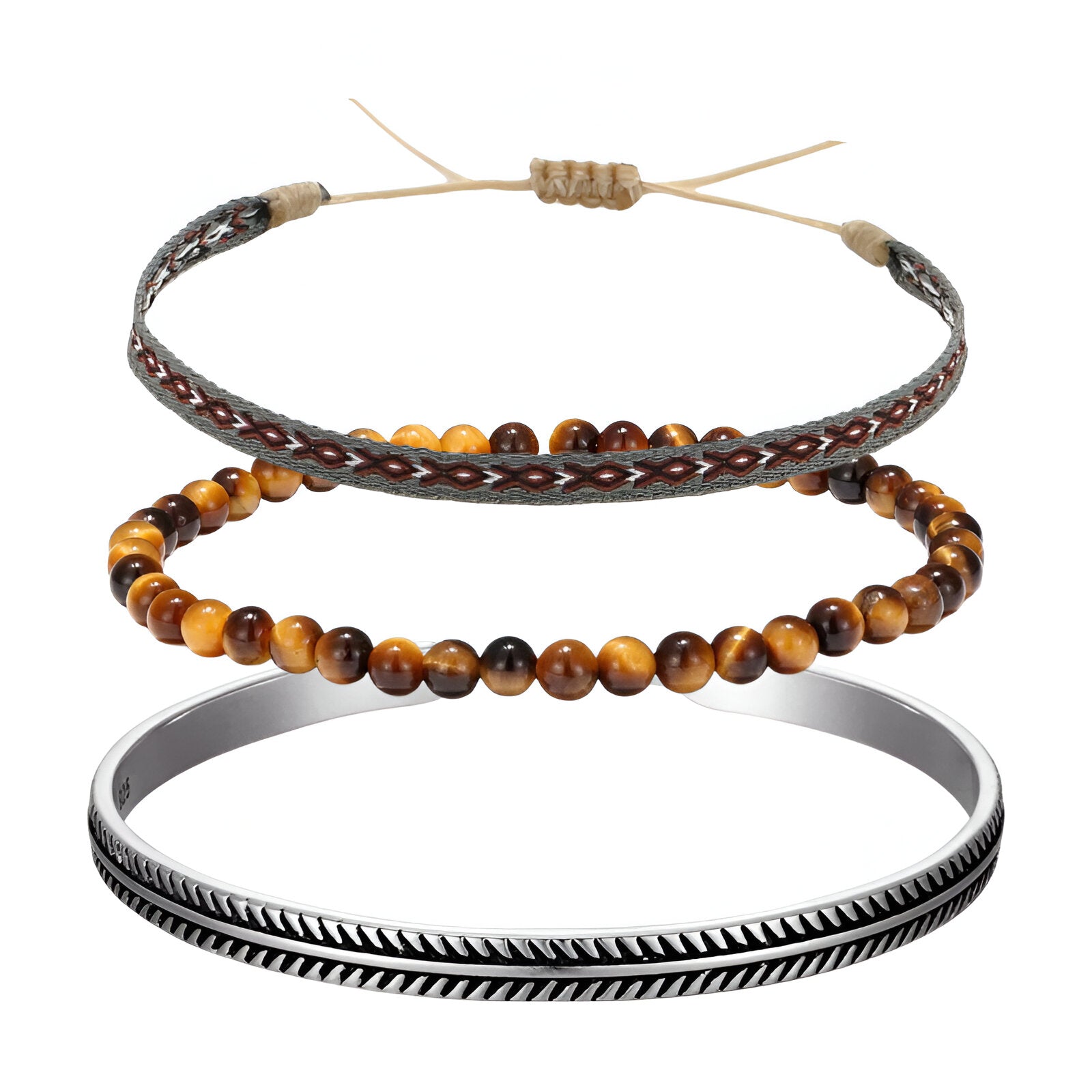 Trio de bracelets homme en œil de tigre orange, cuivre tressé et métal argenté gravé.