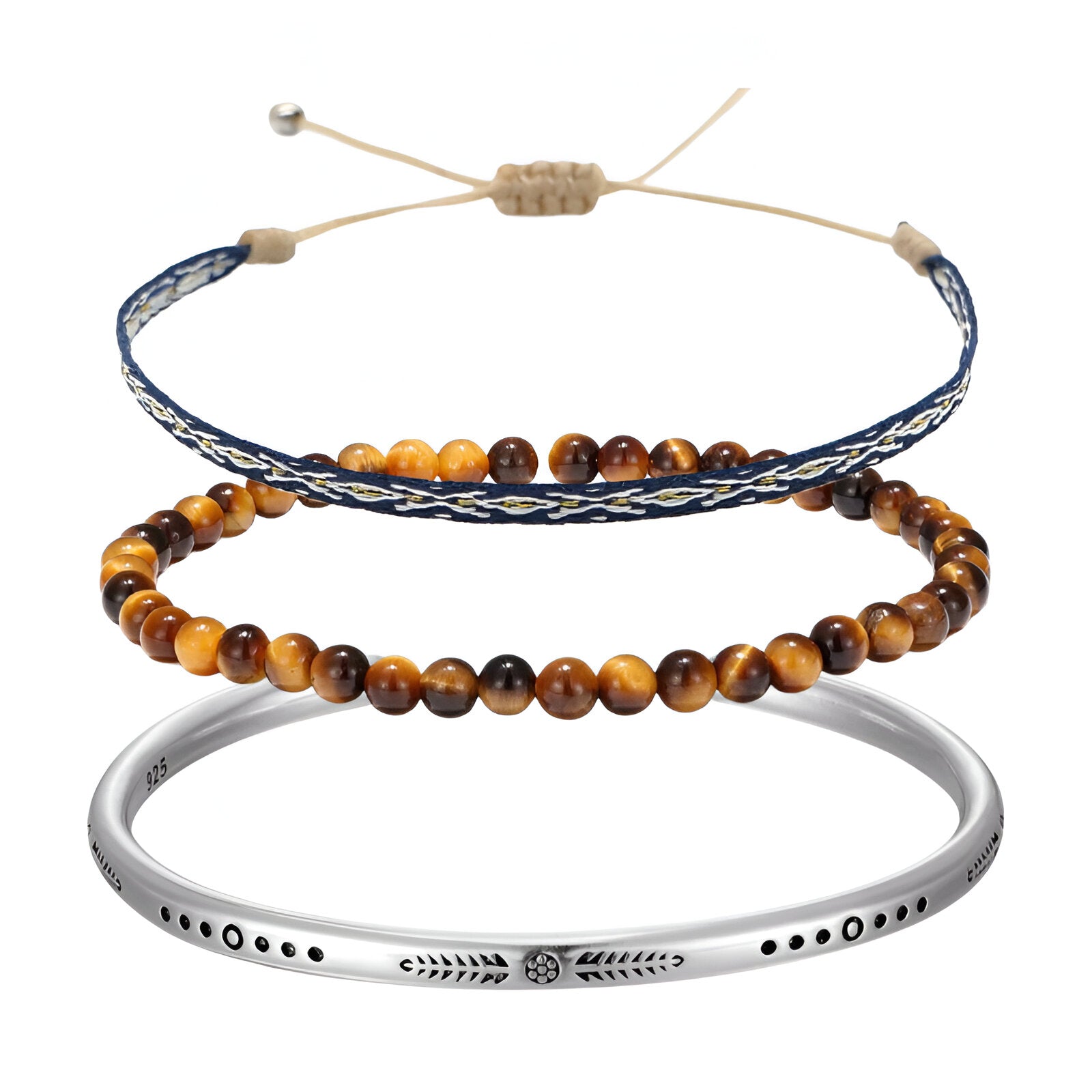 Trio de bracelets pour homme en œil de tigre, argent et cordon bleu tressé ajustable.