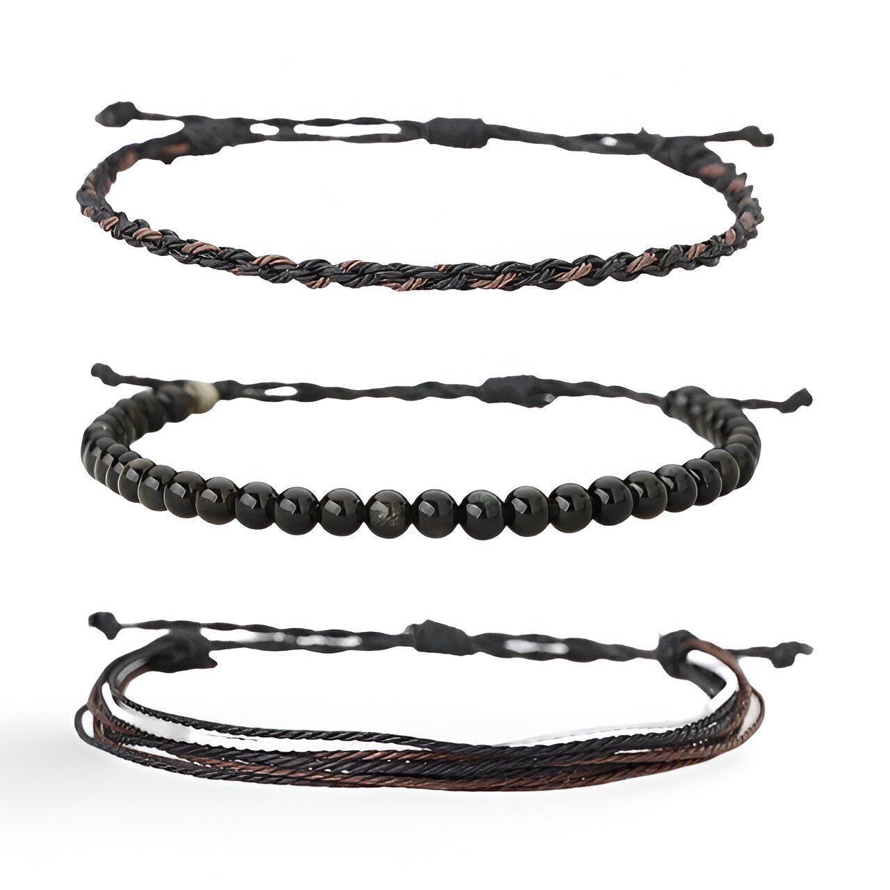 Trio de bracelets tibétains pour homme en pierres noires et fil ciré noir et marron.