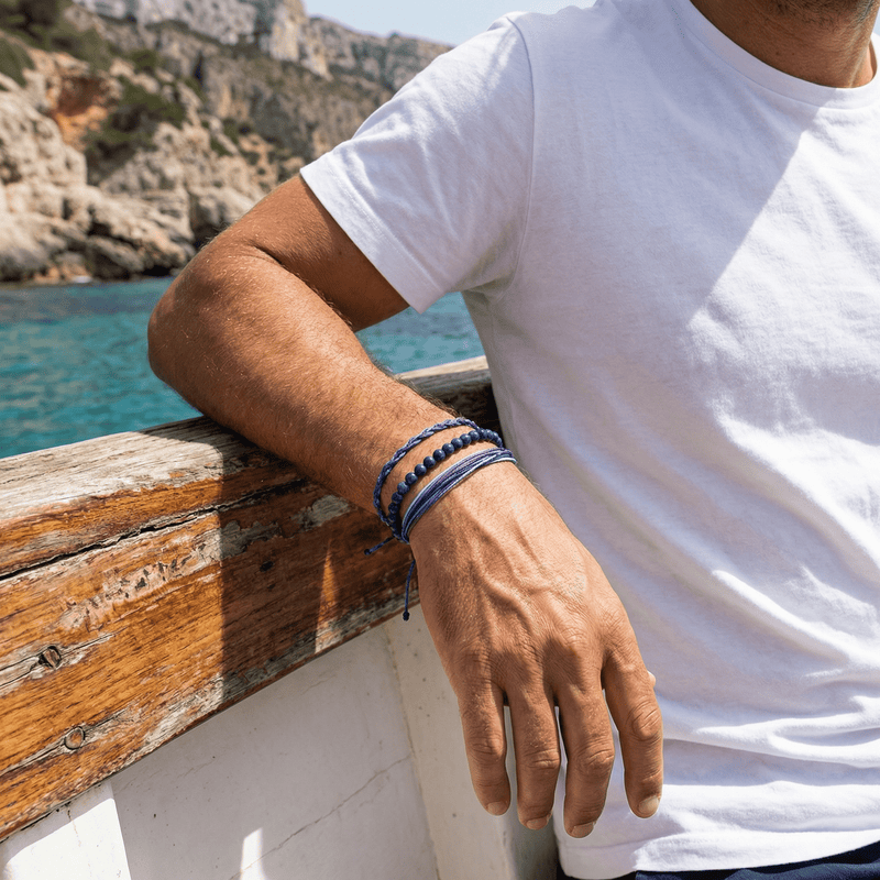 Trio de bracelets tibétains porte-bonheur, en pierres naturelles et fil ciré, pour homme, modèle Goncalvo