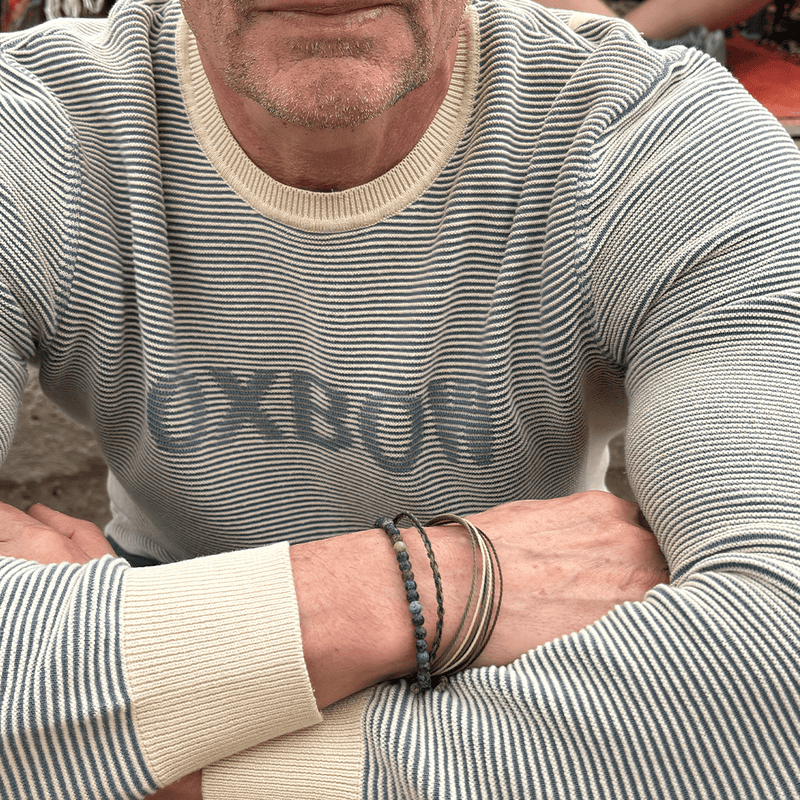 Trio af tibetanske lykke-armbånd i natursten og vokset snor, til mænd, model Goncalvo