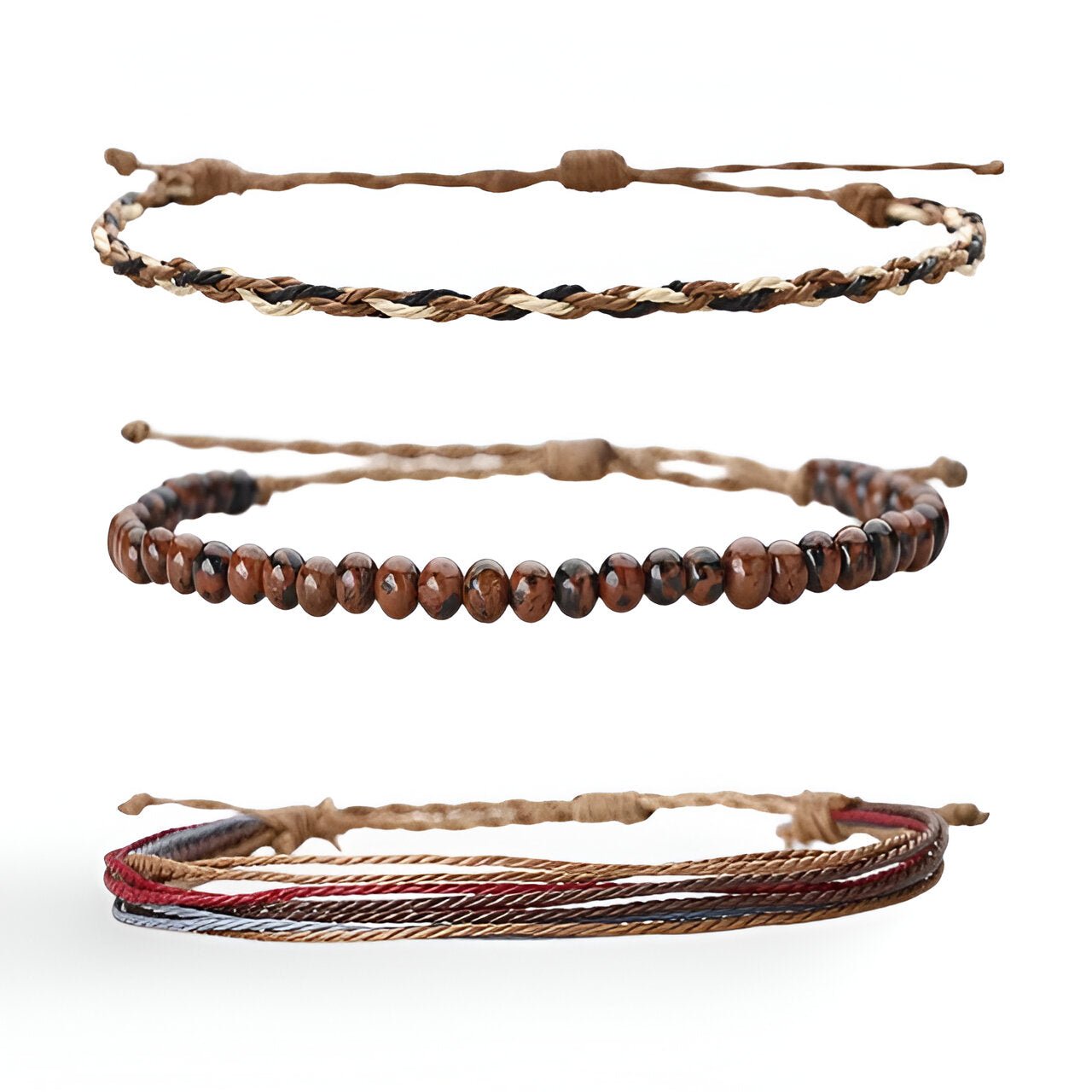 Trio de bracelets tibétains en fil ciré beige et perles marron, style naturel et artisanal.