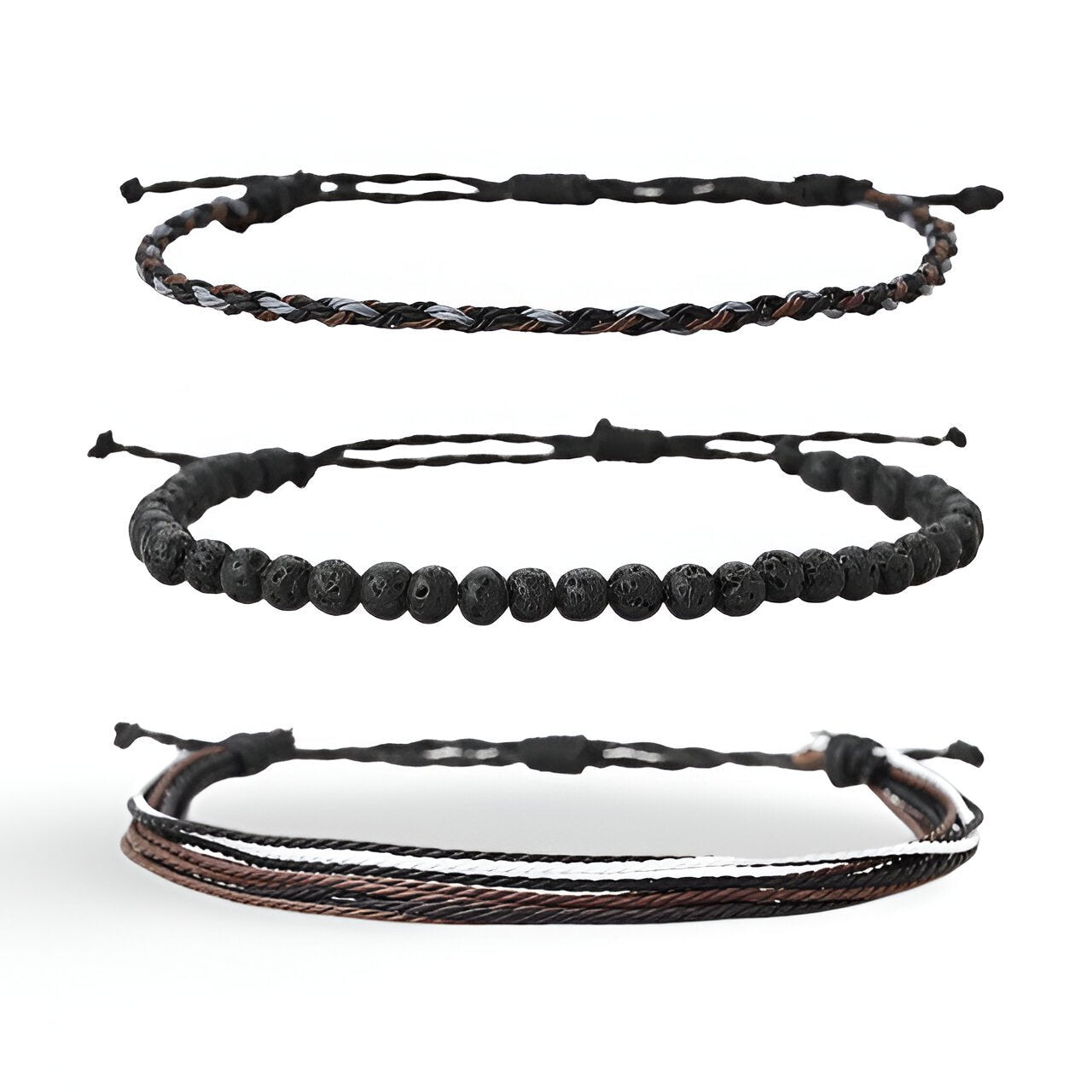 Trio de bracelets homme en pierres naturelles noires et fil ciré marron et noir, style tibétain.