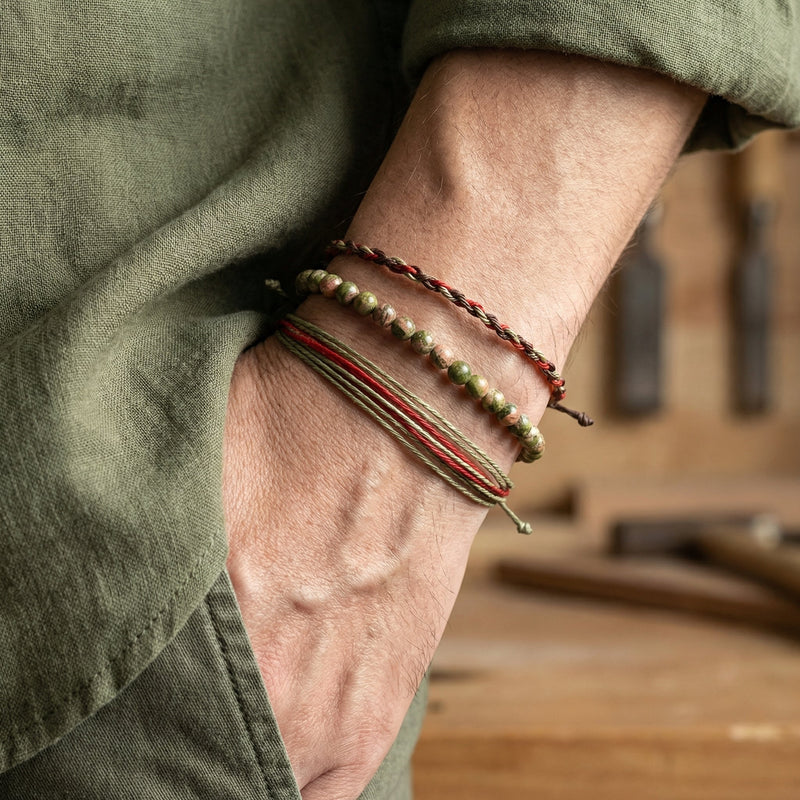 Trio de bracelets tibétains porte-bonheur, en pierres naturelles et fil ciré, pour homme, modèle Goncalvo