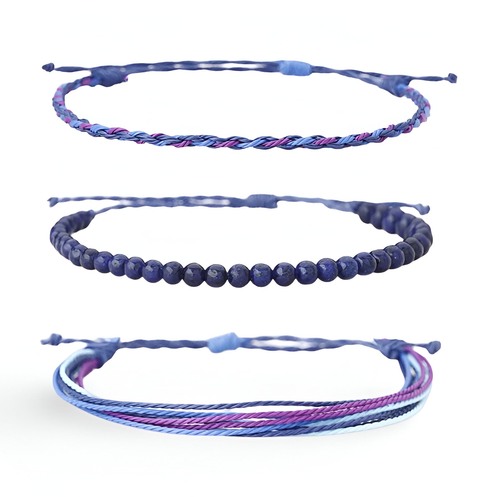 Ensemble de trois bracelets tibétains pour homme en fil ciré bleu et pierres naturelles lapis-lazuli aux tons bleus et.