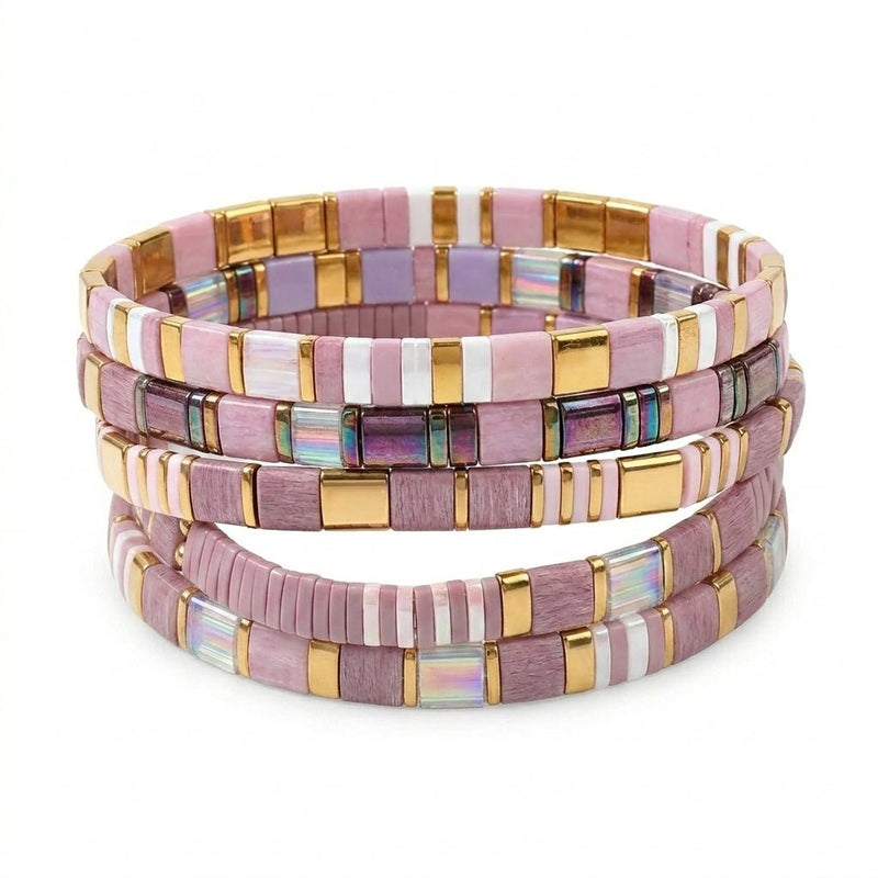 x5 Pulseras de cuentas Miyuki rosas de Japón, conjunto para mujer, joyas elásticas para la muñeca, lote de cinco piezas, accesorios de moda elegantes, modelo Shunpei