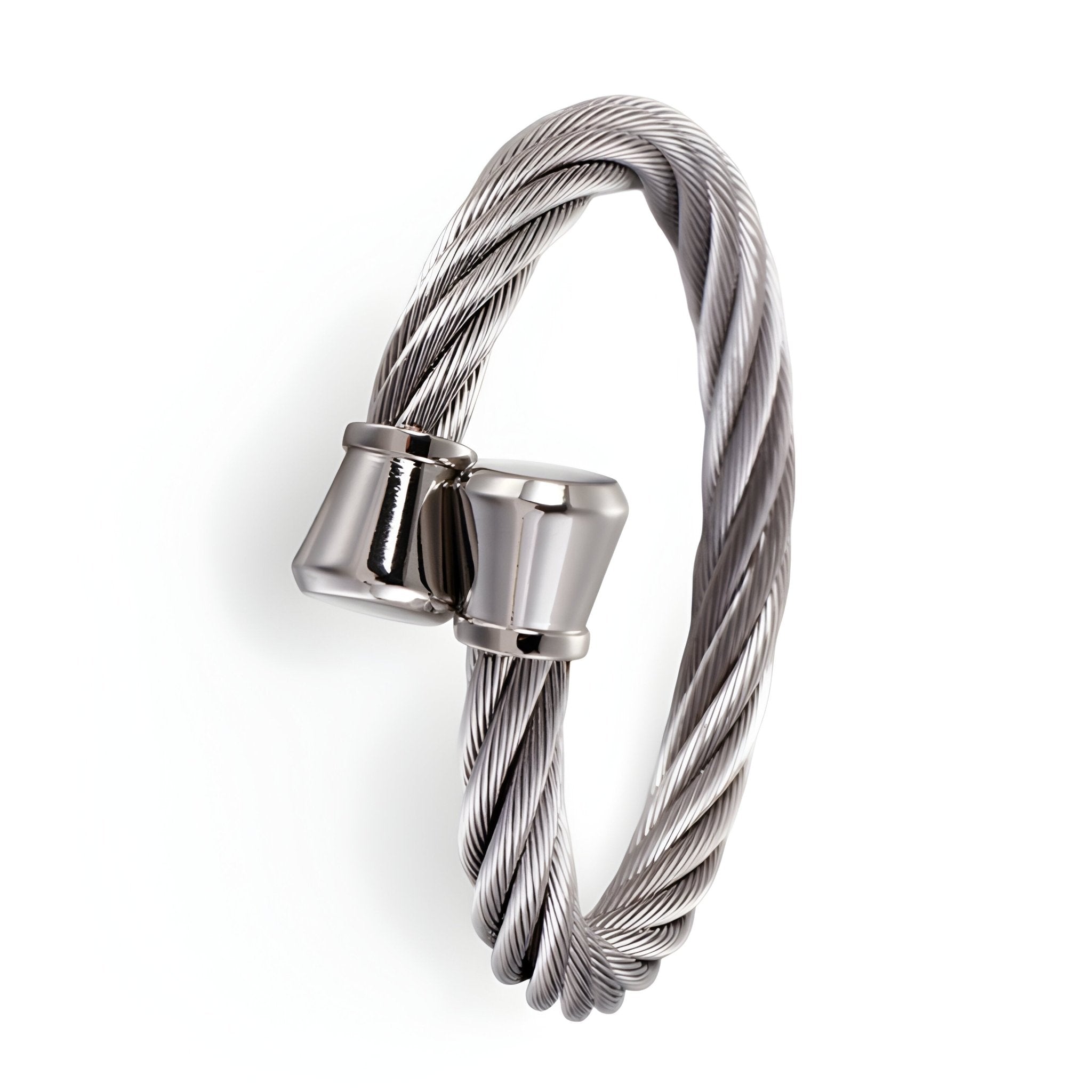 Bracelet homme en acier inoxydable tressé argenté, modèle rigide à enfiler avec fermoir poli.