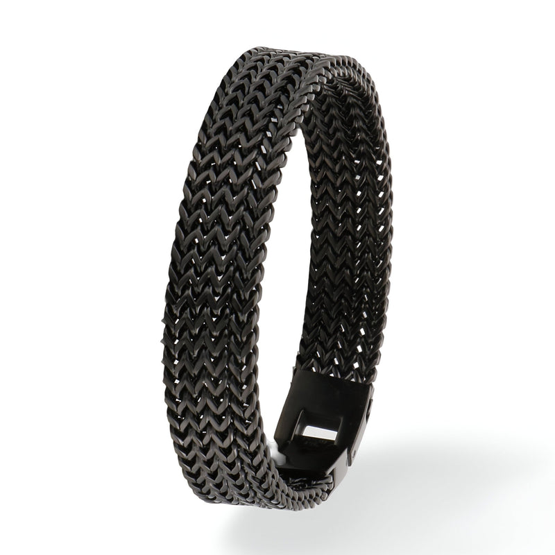 Bracelet homme en acier inoxydable noir tressé style montre avec fermoir métallique noir mat.