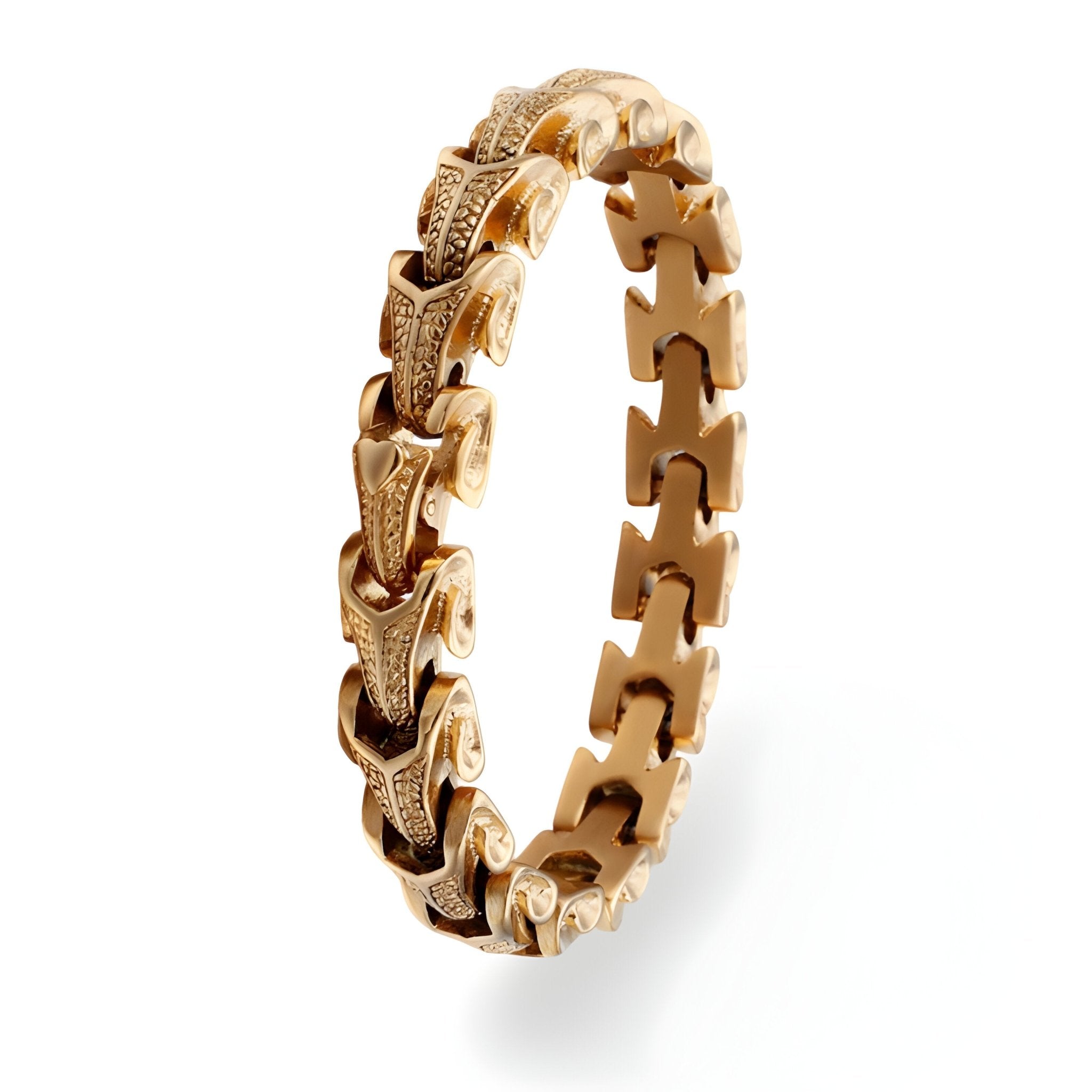Bracelet homme en acier inoxydable doré aspect serpent avec maillons texturés et lisses.