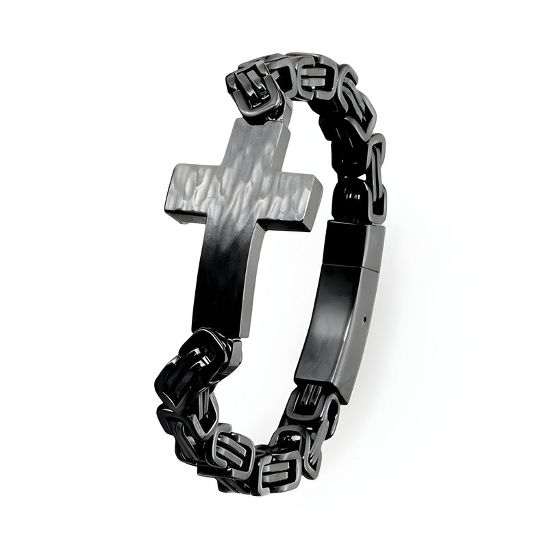 Bracelet pour homme en acier noir brillant avec motif croix centrale lisse et chaîne géométrique.