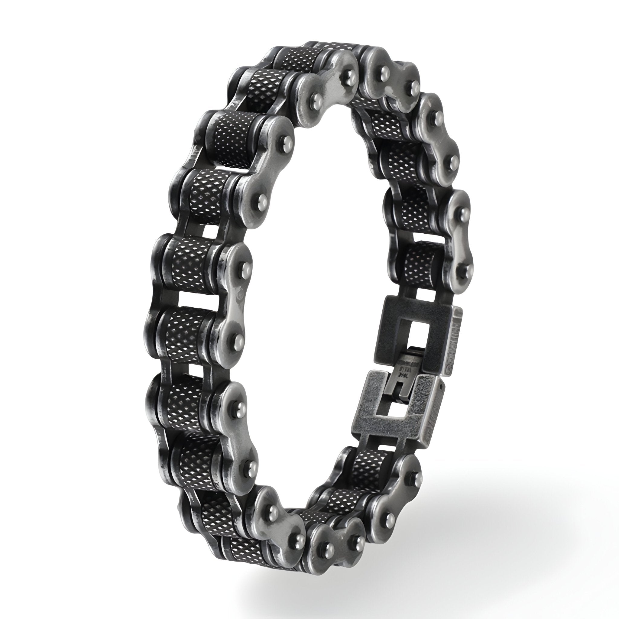 Bracelet chaîne en acier inoxydable noir style maillon de vélo avec fermoir sécurisé.