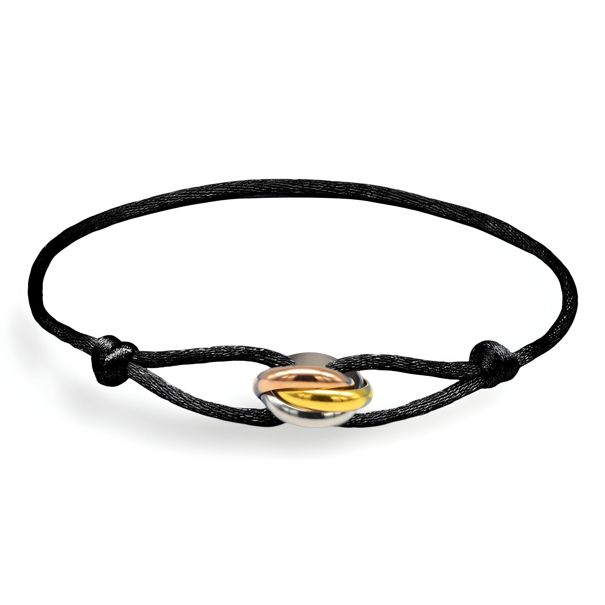 Bracelet cordon noir avec pendentif cercles entrelacés or et argent, modèle Élodie.