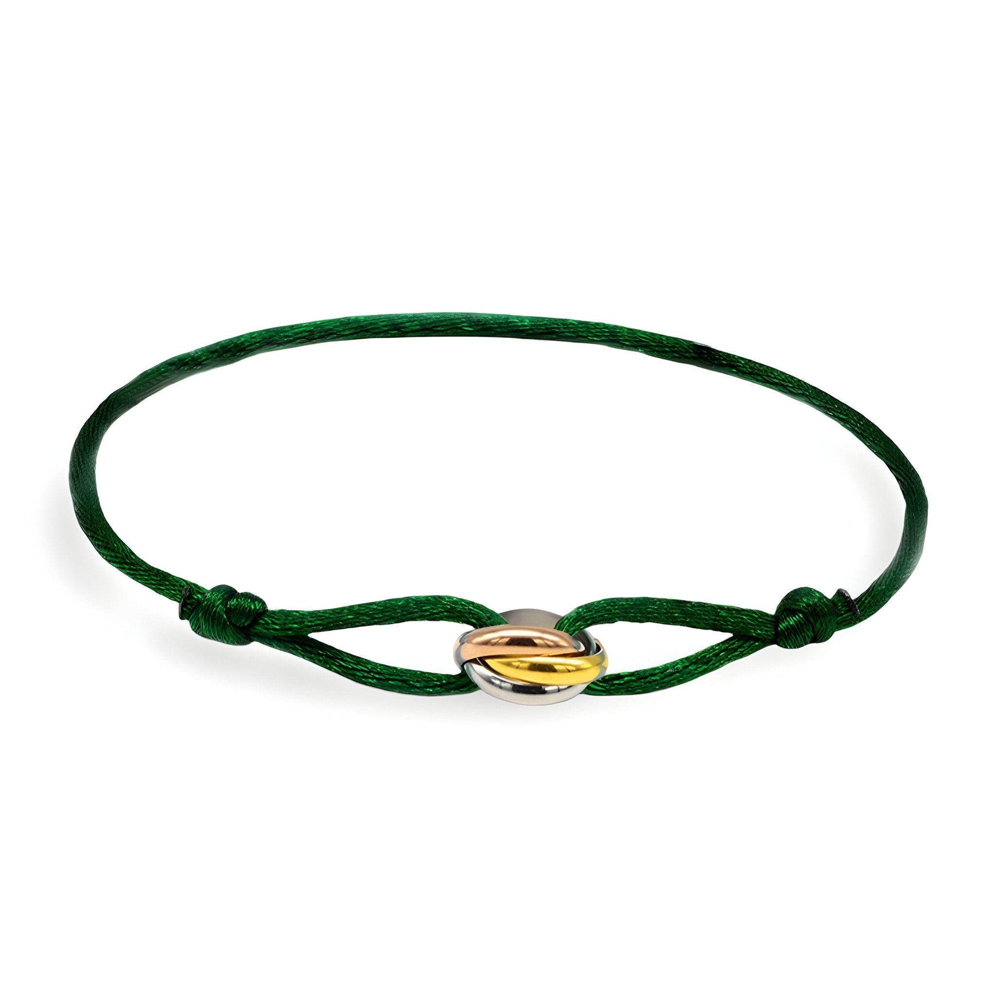 Bracelet cordon vert avec cercle entrelacé en or et argent, modèle Élodie.