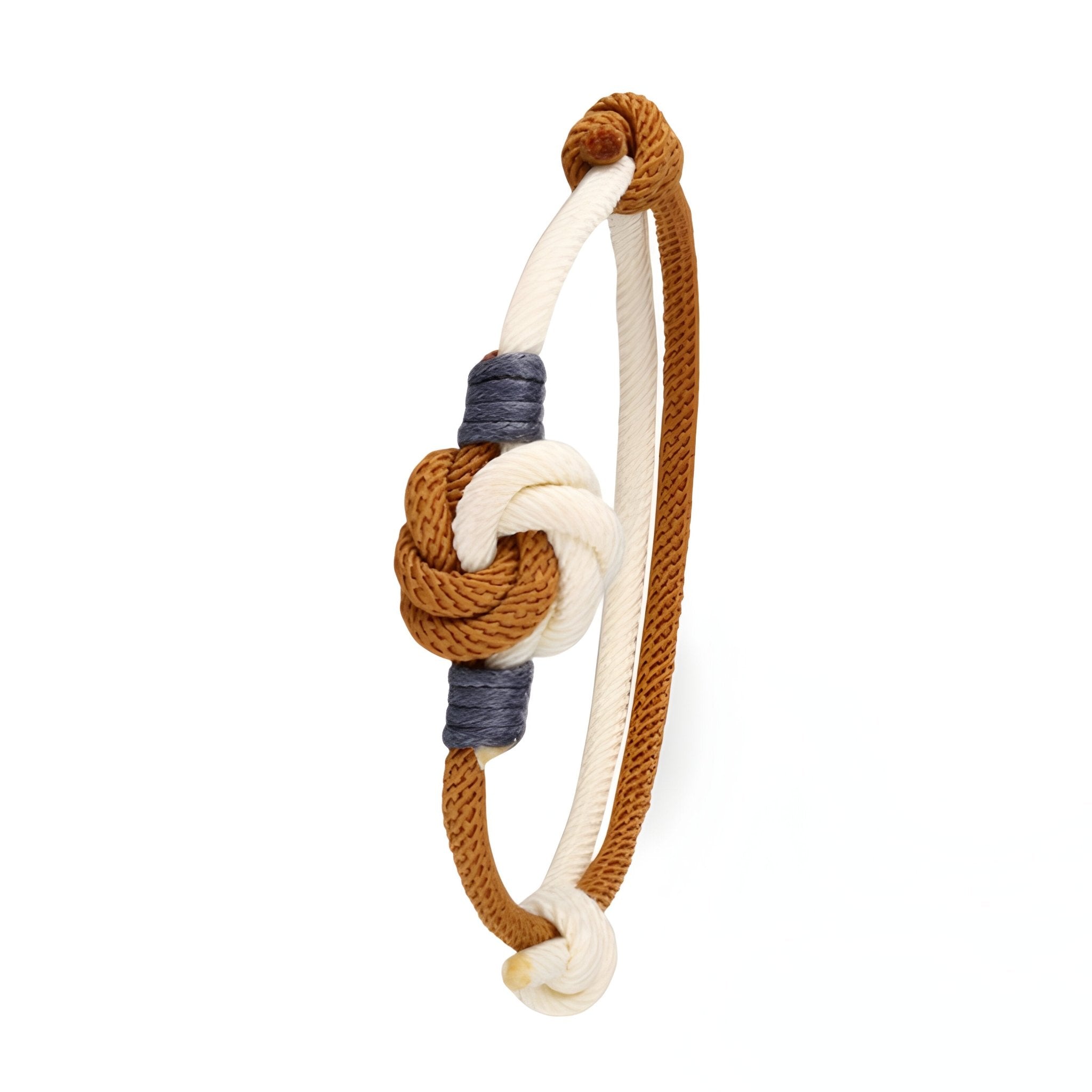 Bracelet cordon homme bicolore marron et beige à nœud central avec finitions grises.