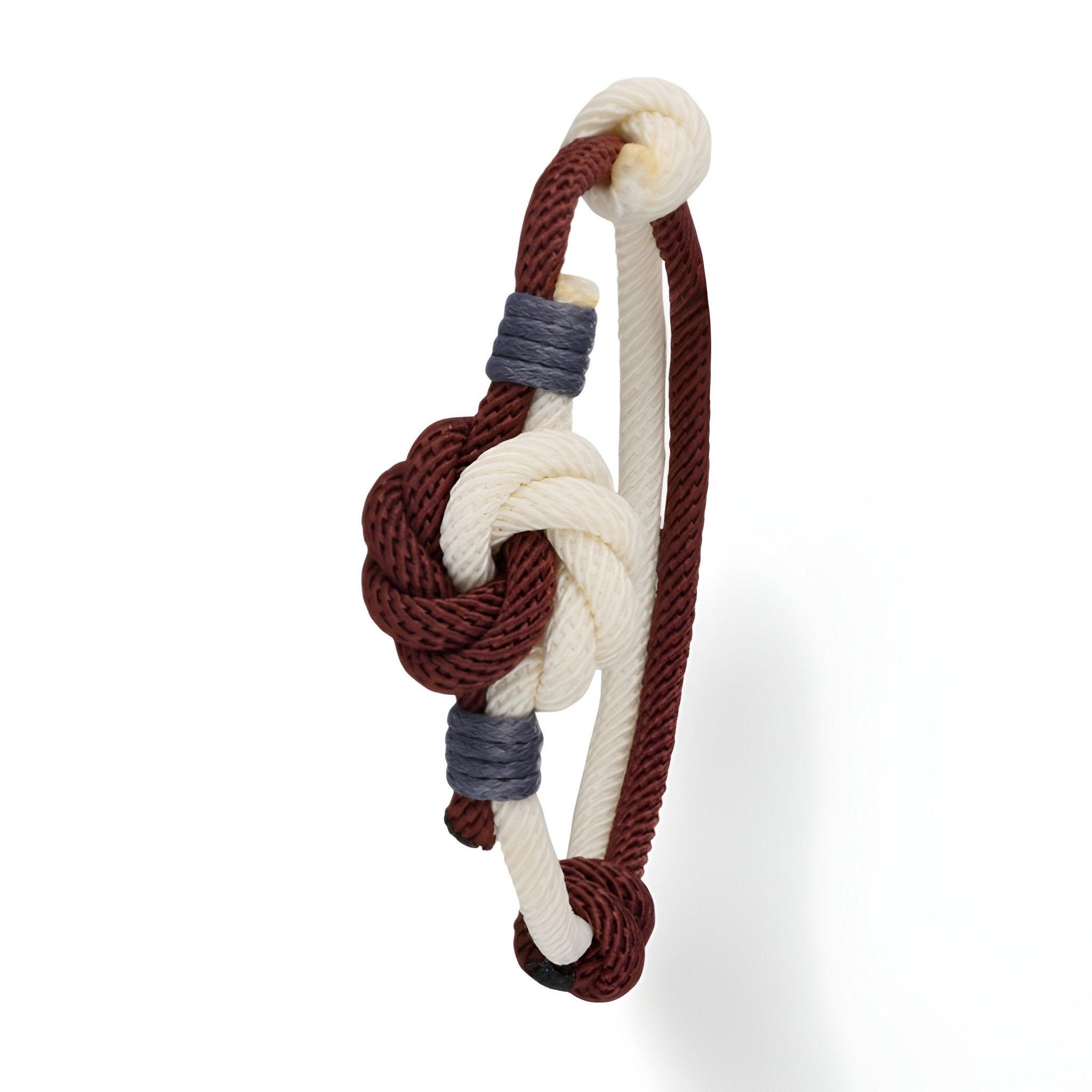 Bracelet cordon bicolore rouge et blanc avec noeud central et détails gris en corde tressée.