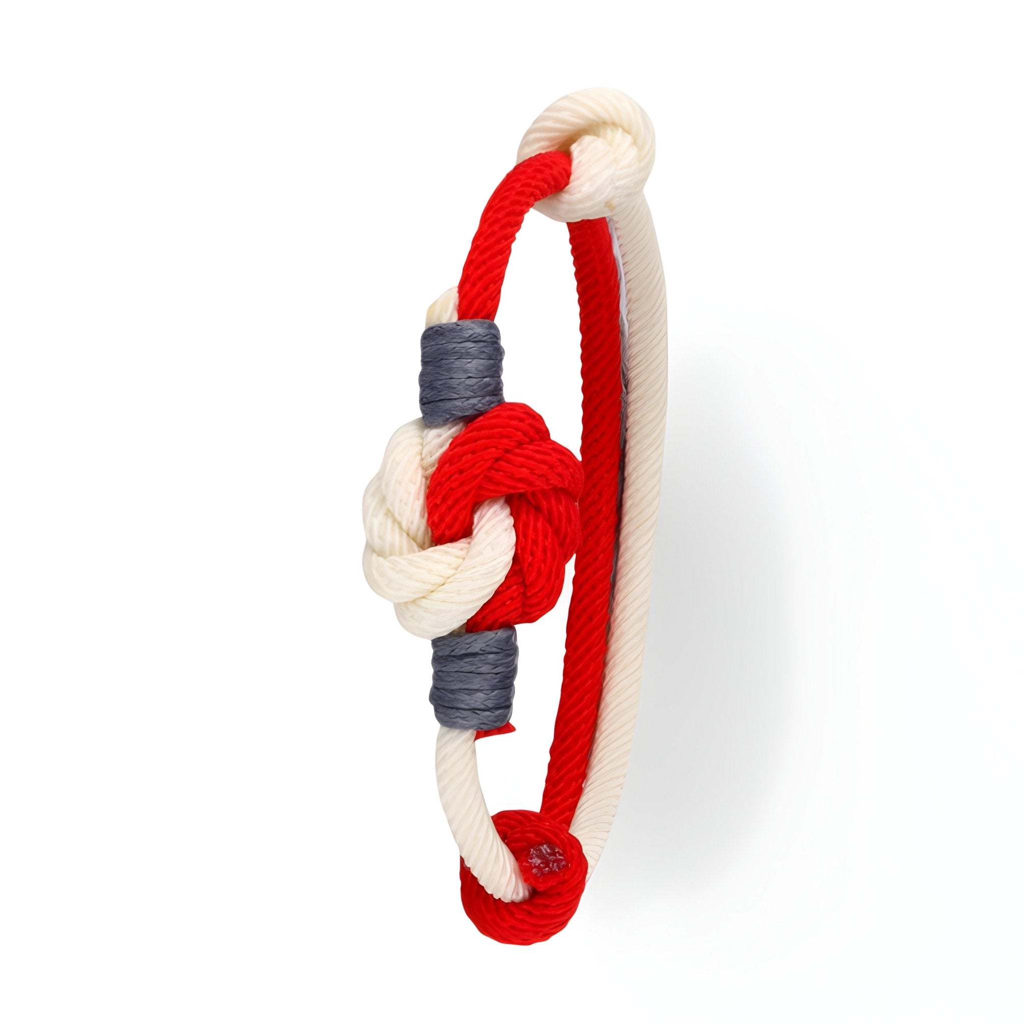 Bracelet cordon bi-colore rouge et beige à nœud central avec détails gris foncé pour homme.
