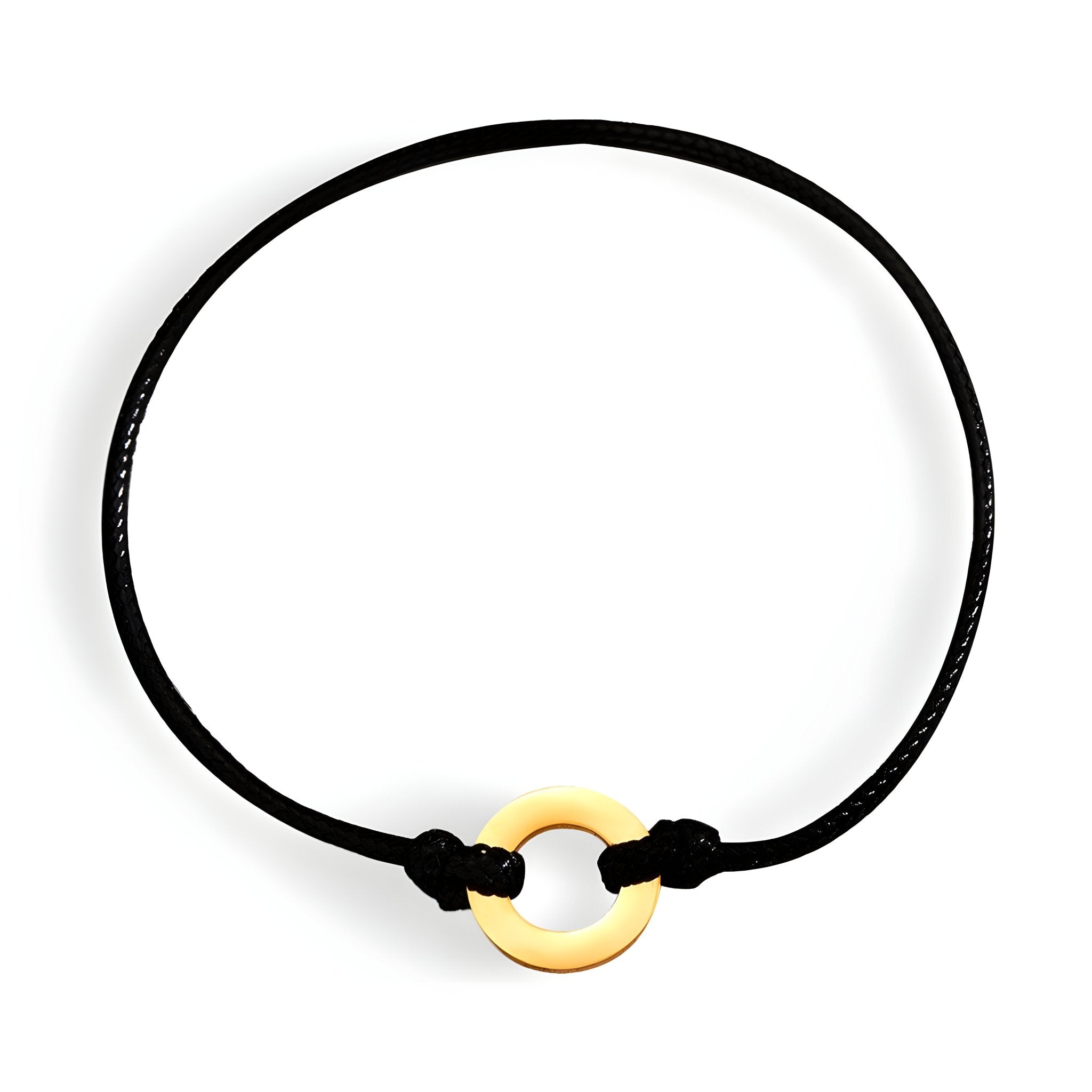 Bracelet cordon noir avec charm arrondi en métal doré, modèle homme Aymeric.