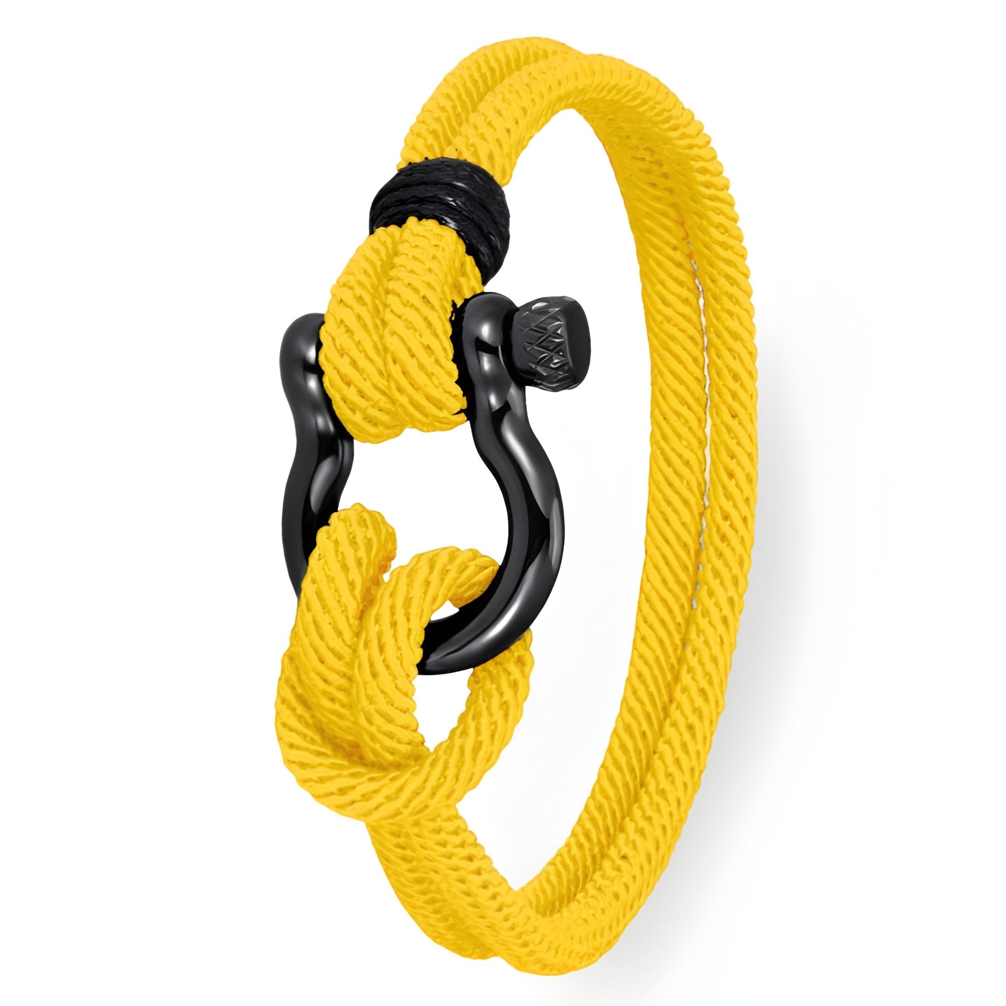 Bracelet cordon jaune pour homme avec mousqueton noir en acier finition brillante.