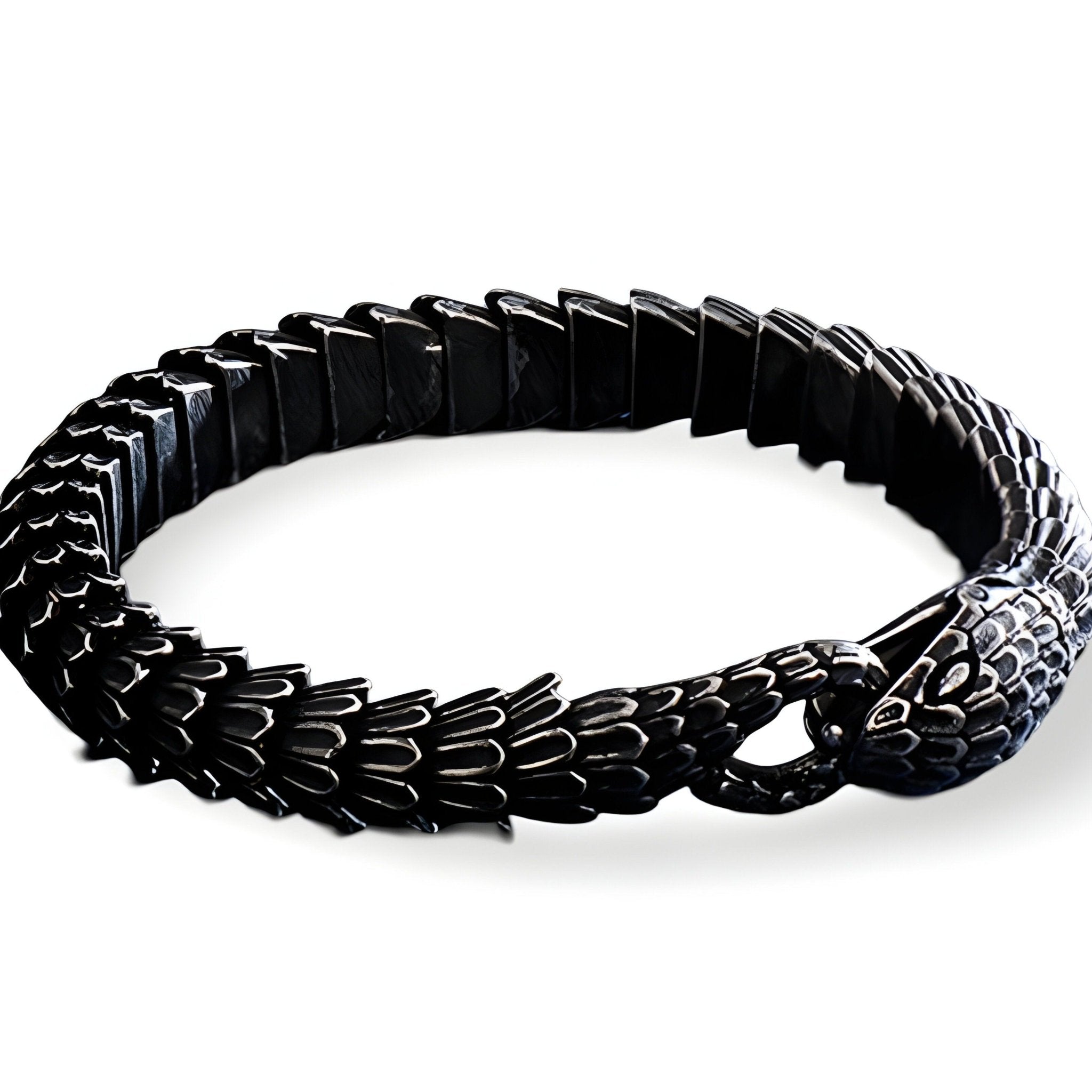 Bracelet serpent en acier inoxydable noir avec écailles détaillées et fermeture tête de serpent.
