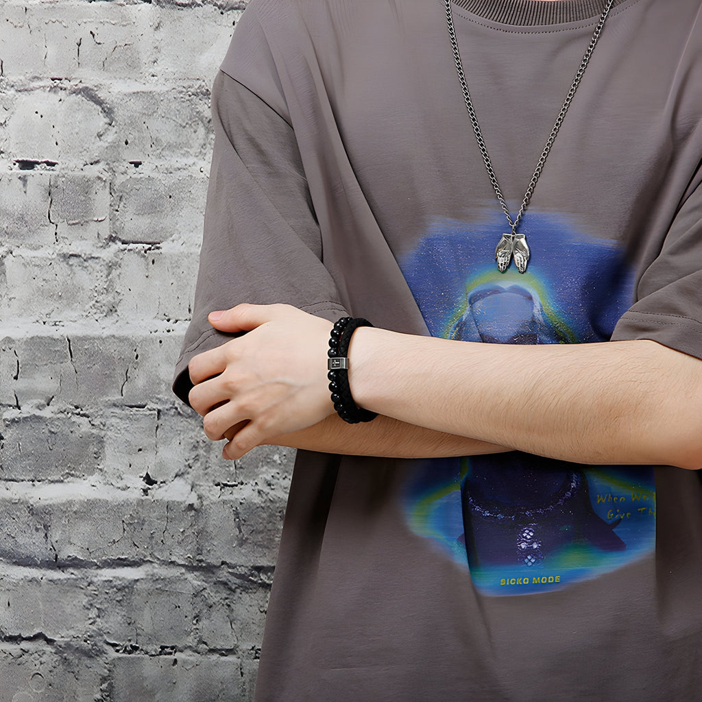 Bracelet en acier inoxydable et en cuir pour homme, perlé avec motif croix, modèle André - La Boutique du Bracelet