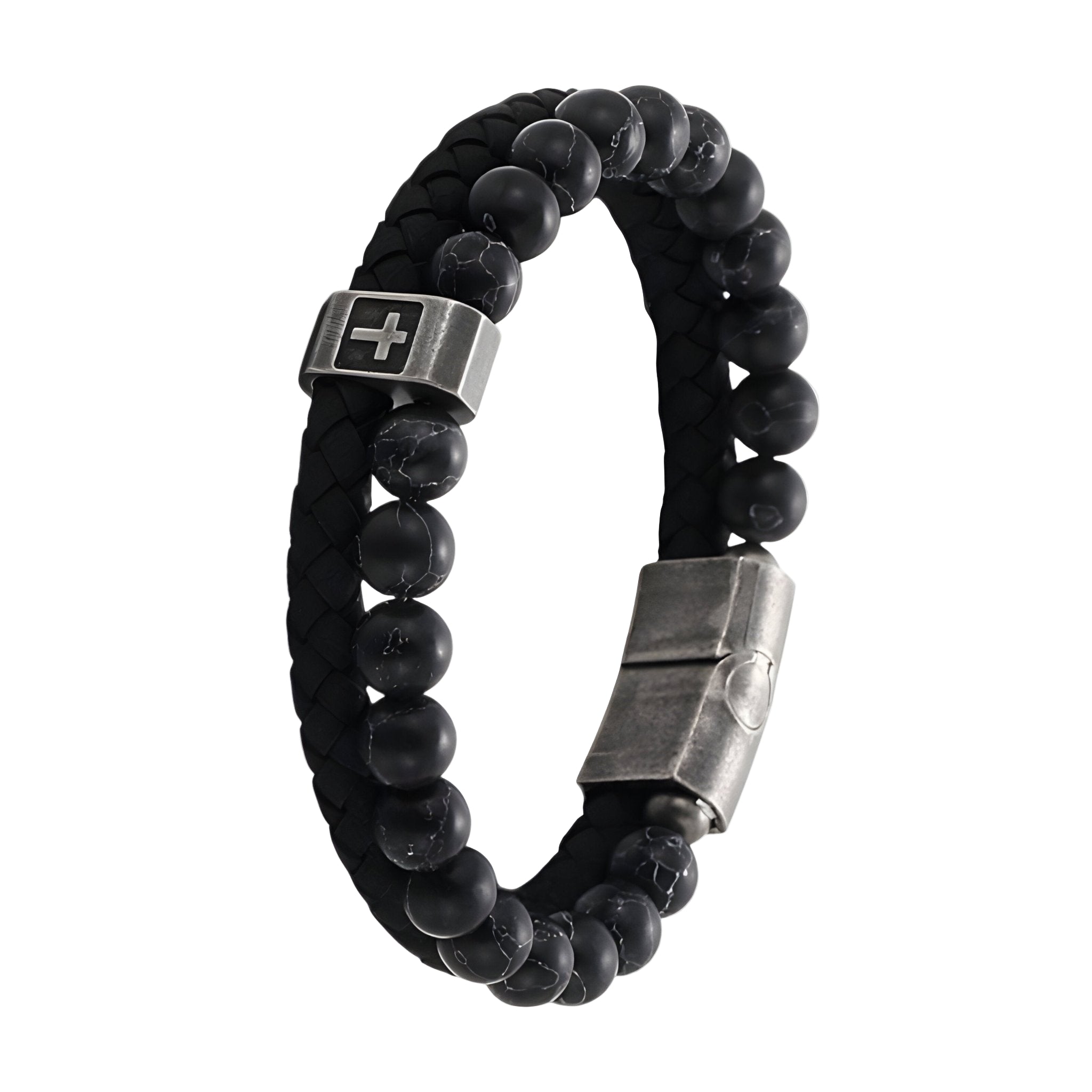 Bracelet homme perles noires acier inoxydable avec motif croix et cuir tressé noir.