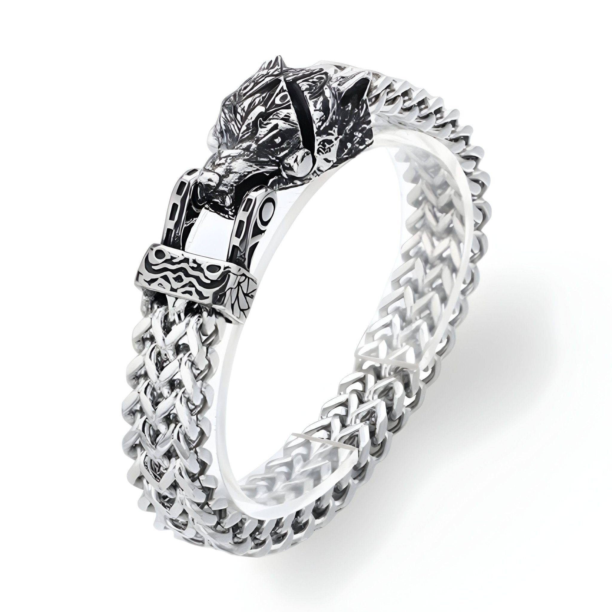 Bracelet argent en acier inoxydable avec fermoir tête de loup enragé, design tressé sophistiqué.