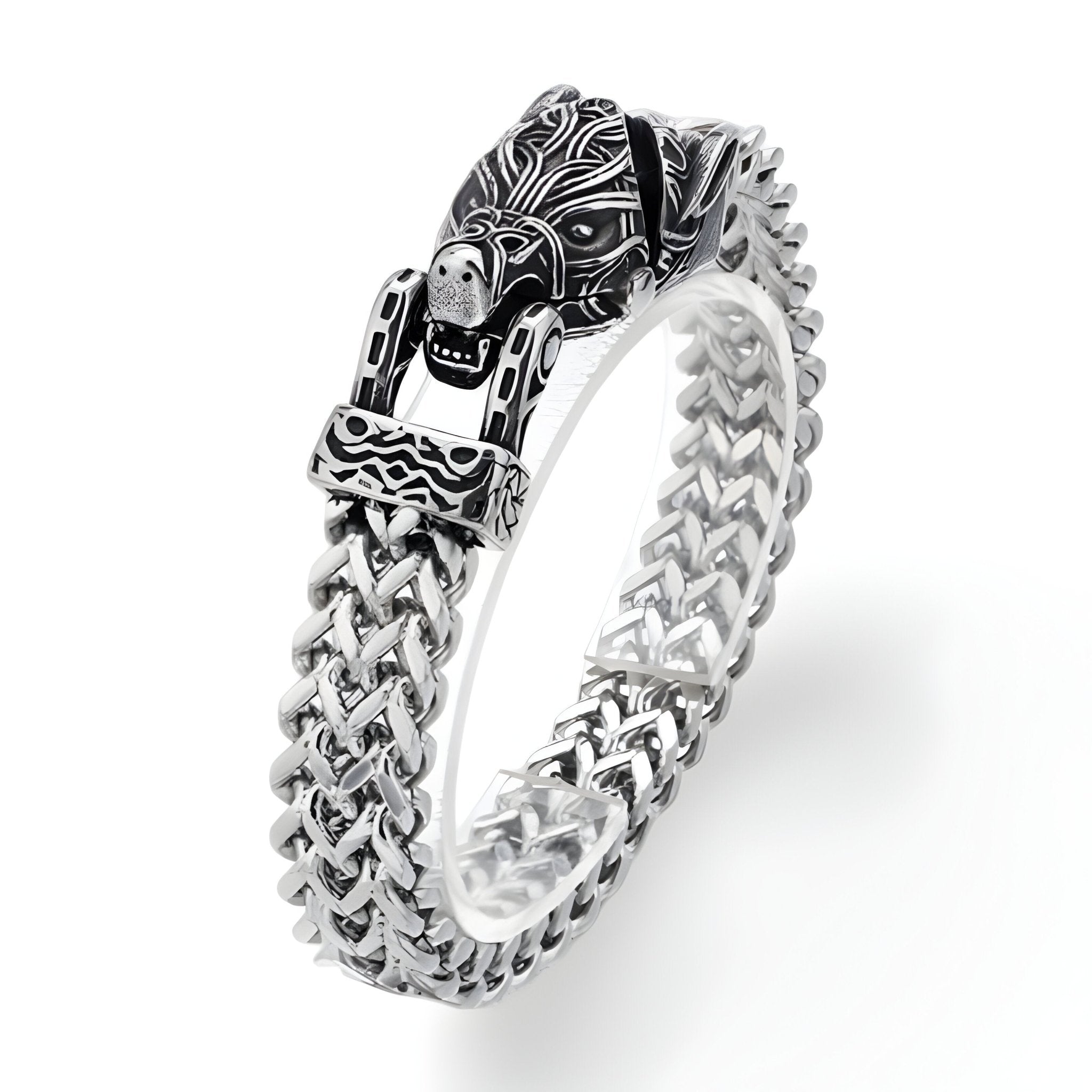 Bracelet en acier inoxydable argenté avec tresse épaisse et fermoir tête de loup détaillée.