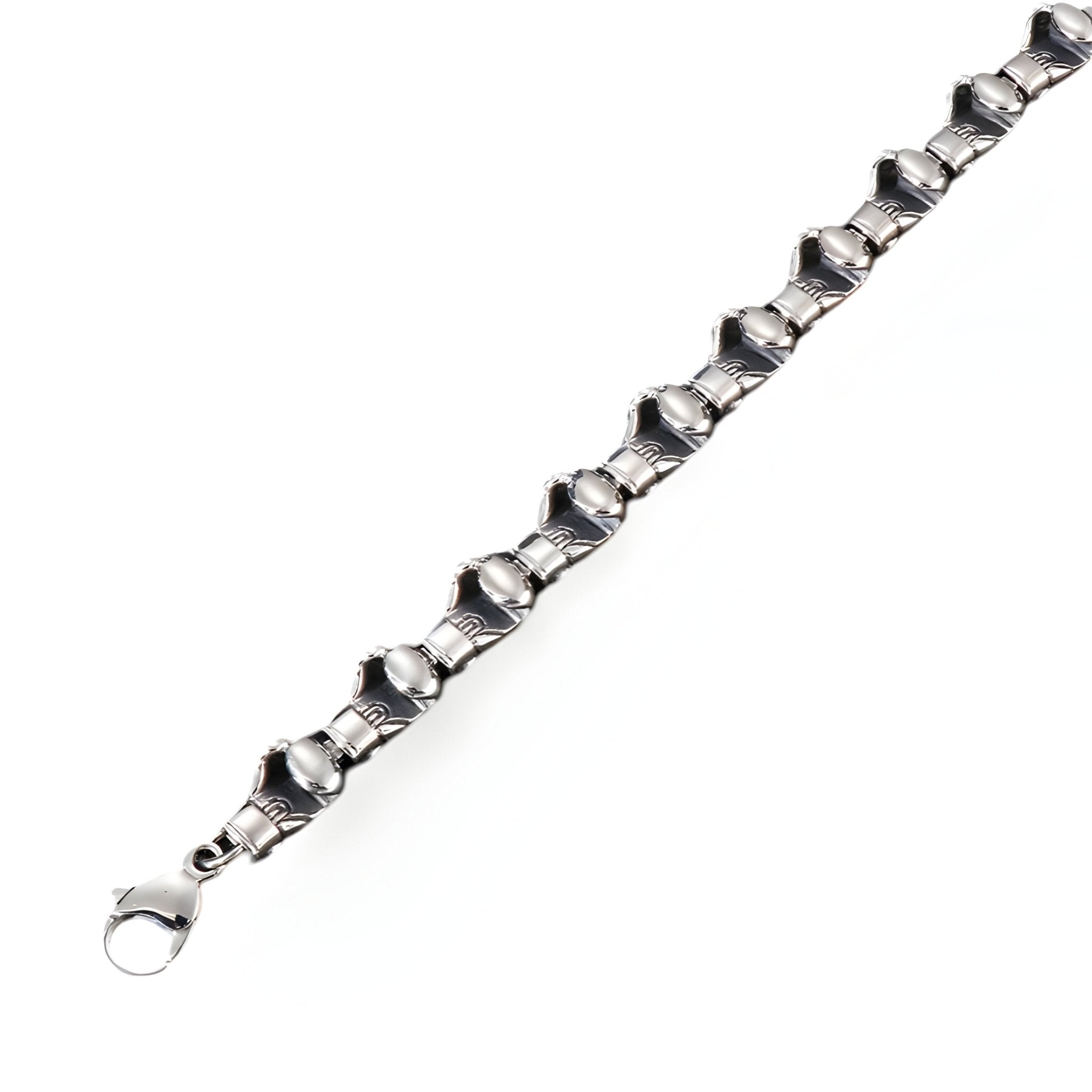 Bracelet homme en acier inoxydable argenté avec motif gants de boxe reliés et fermoir mousqueton.