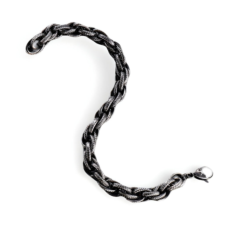 Bracelet homme en acier inoxydable noir, design torsadé, fermoir mousqueton argenté.