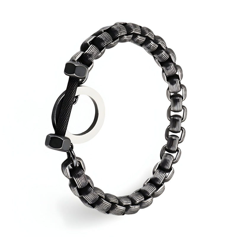 Bracelet pour homme en acier inoxydable noir avec maillons larges et charme en forme d'haltère.