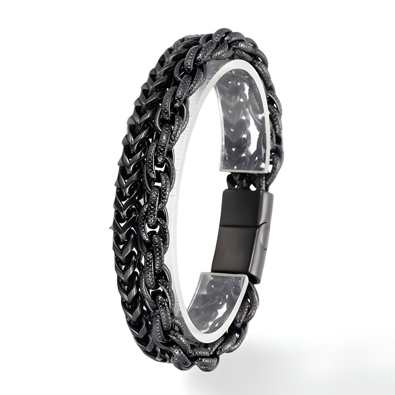 Bracelet homme en acier inoxydable noir à double maille avec fermoir magnétique noir mat.