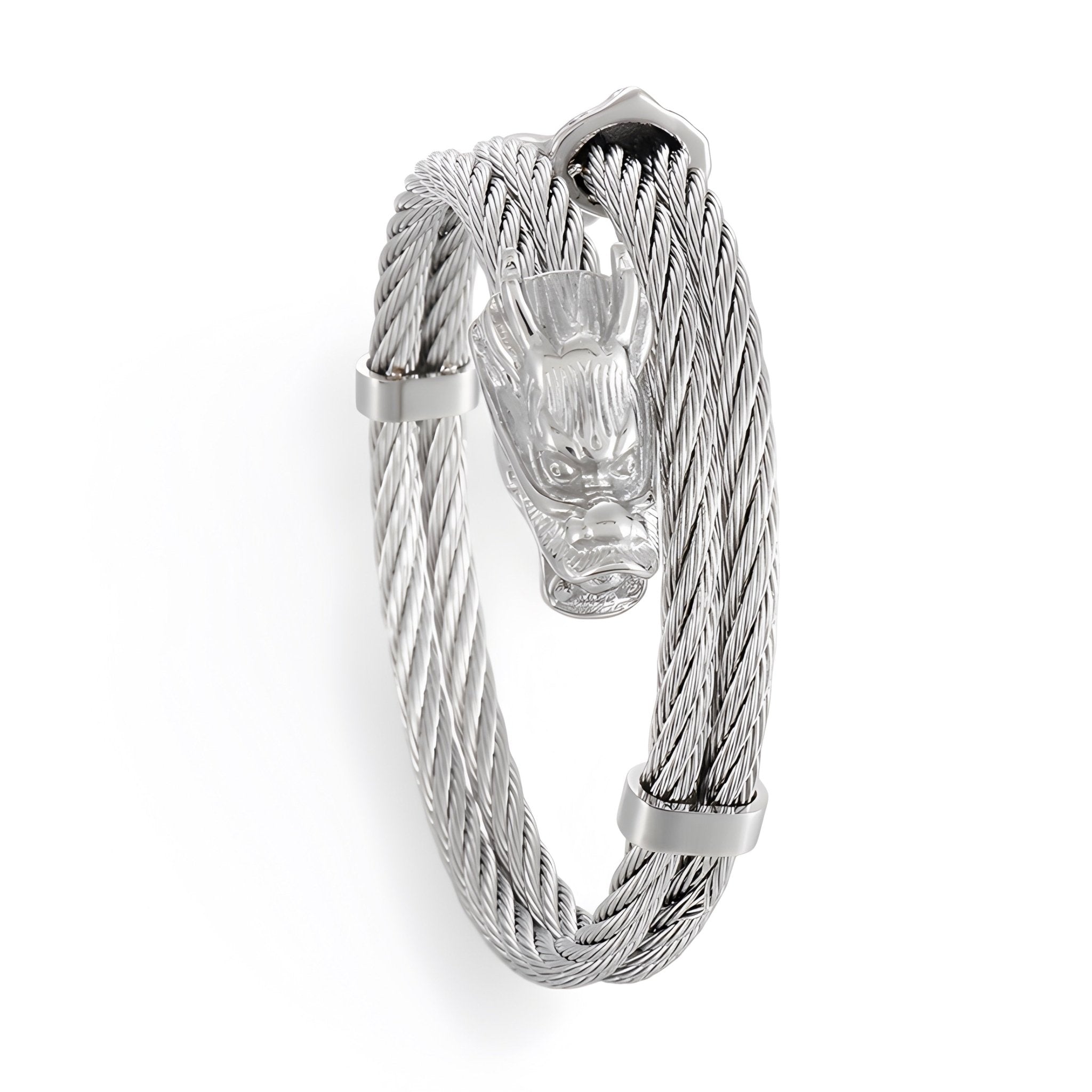 Bracelet jonc homme en acier inoxydable argenté avec tête de dragon sculptée et câble tressé.